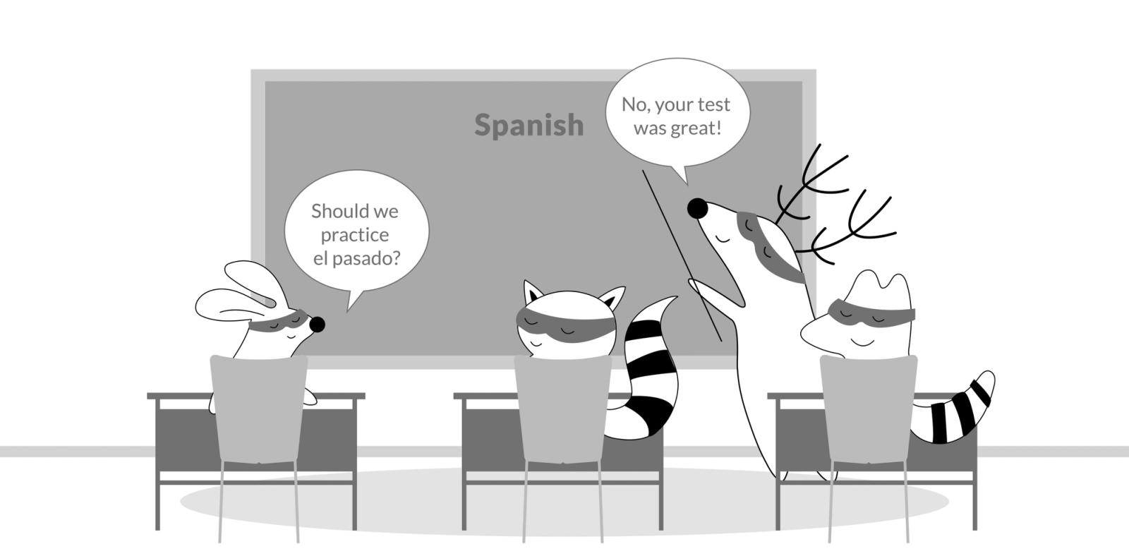 Benji dressed as a teacher, in the classroom. Soren asks him "Should we practice el pasado?" and Benji says "No, your test was great!".