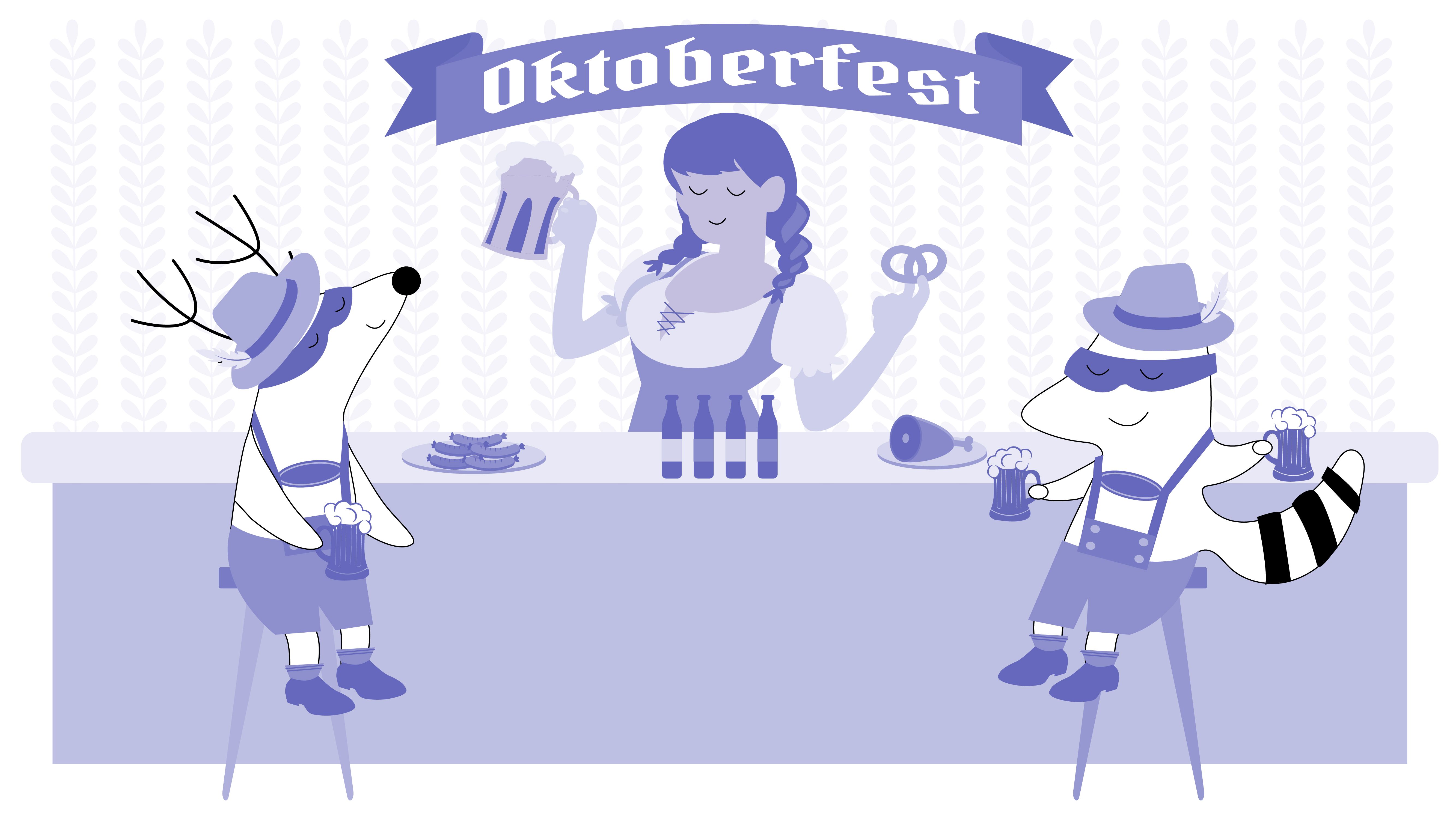 Iggy, Soren, Benji, and Pocky are at the Oktoberfest, each with two beers in their hands.