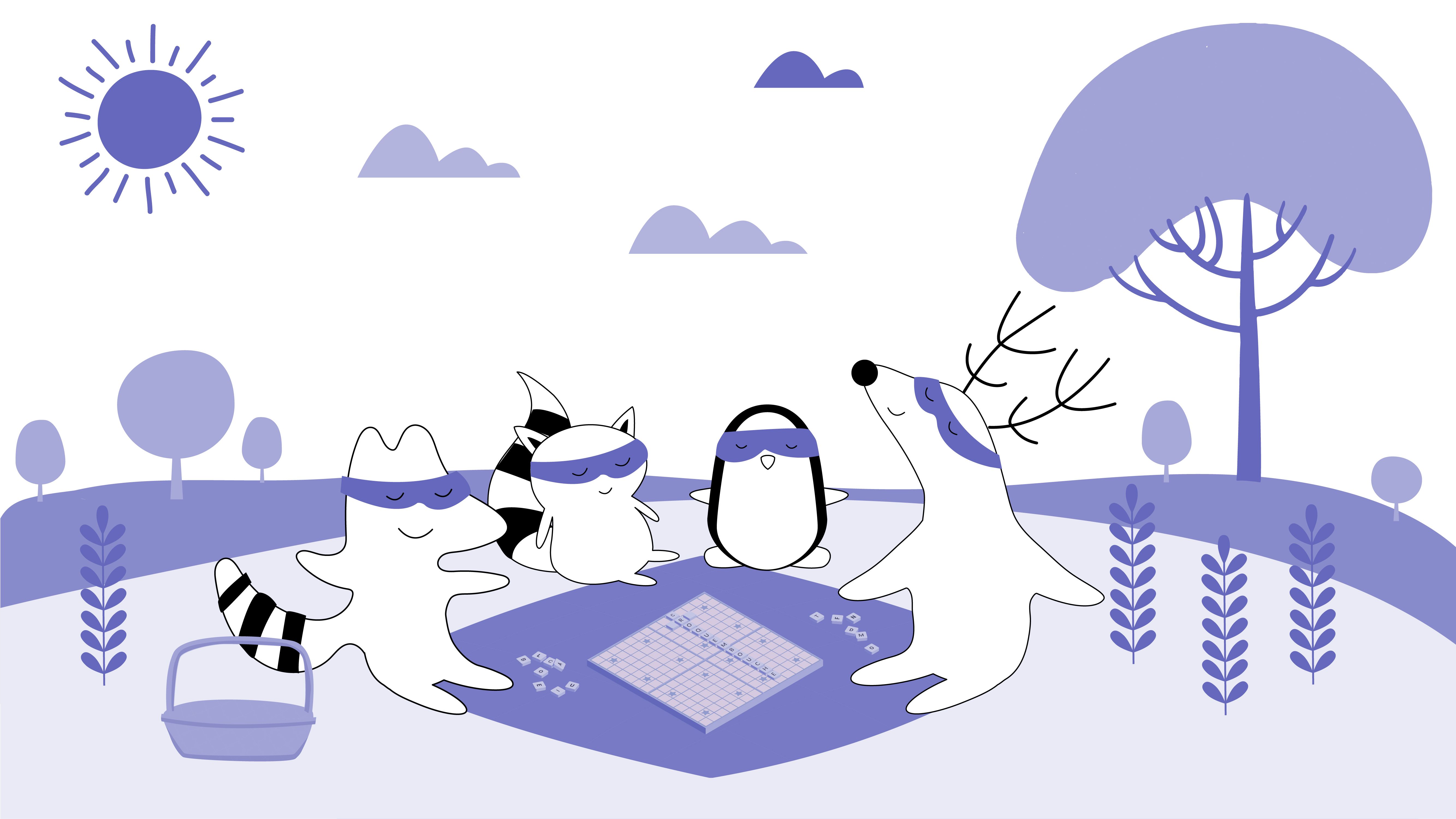 Soren, Iggy, Pocky, and Benji are sitting on the grass at the park, playing scrabble.