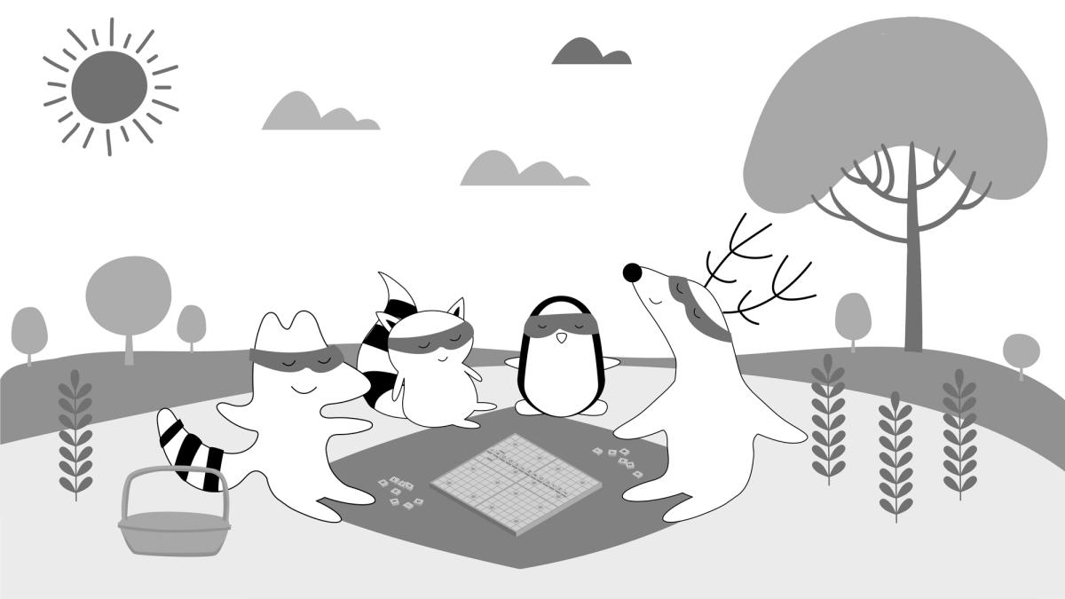 Soren, Iggy, Pocky, and Benji are sitting on the grass at the park, playing scrabble.