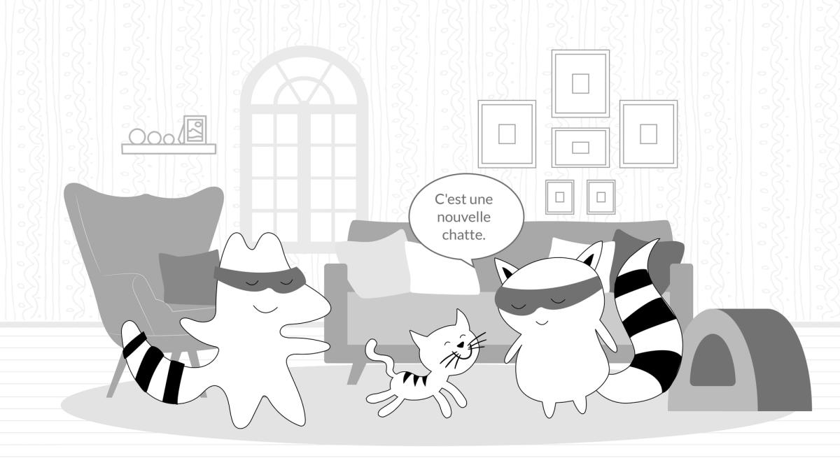 Pocky shows his cute kitten to others, introducing her, saying, “C'est une nouvelle chatte.”