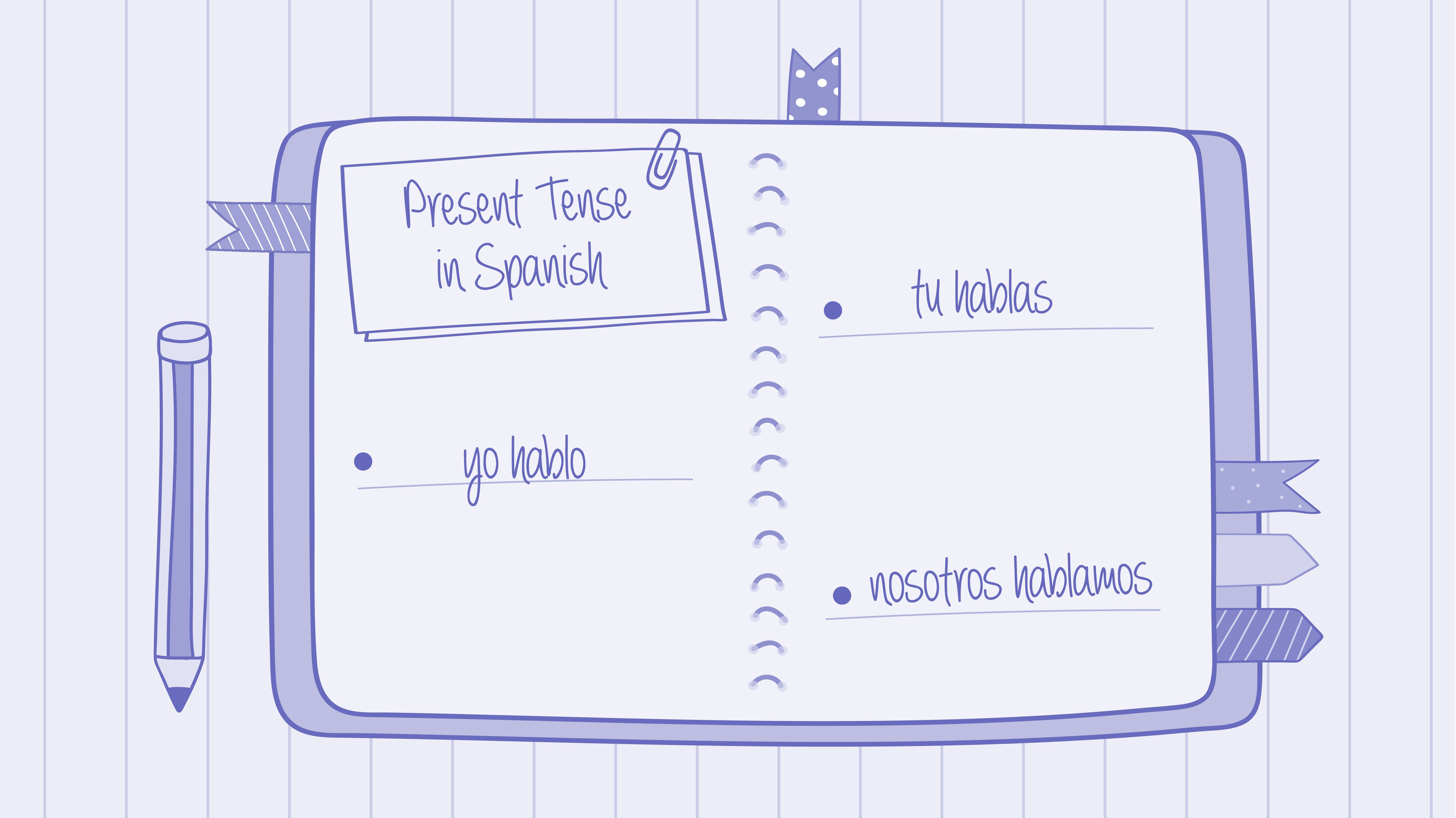 An illustration of Soren’s notebook, with “yo hablo, tu hablas, nosotros hablamos” written on the page.