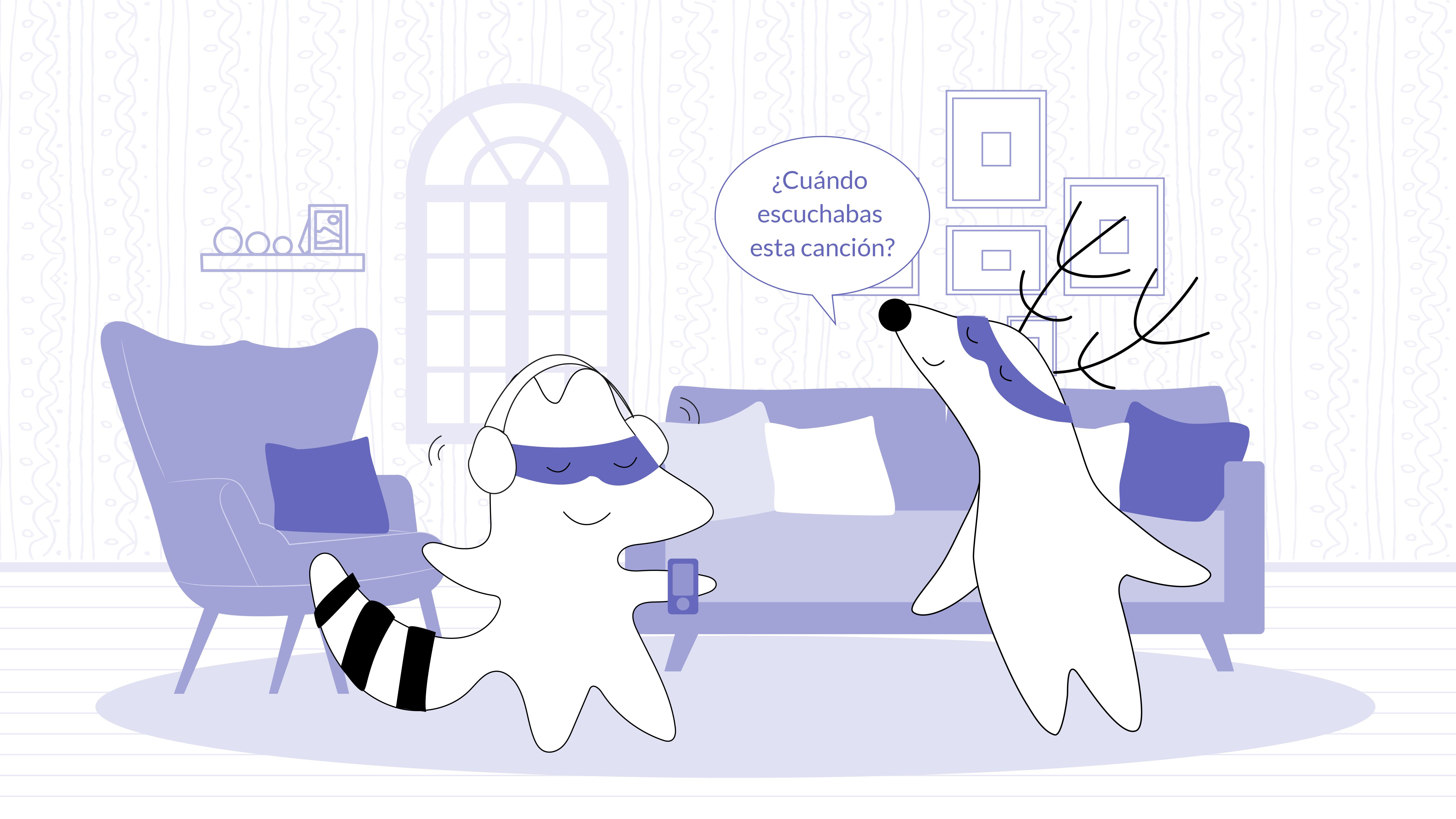 Iggy and Soren at home. Iggy is listening to music in her smartphone and Soren asks “¿Cuándo escuchabas esta canción?”