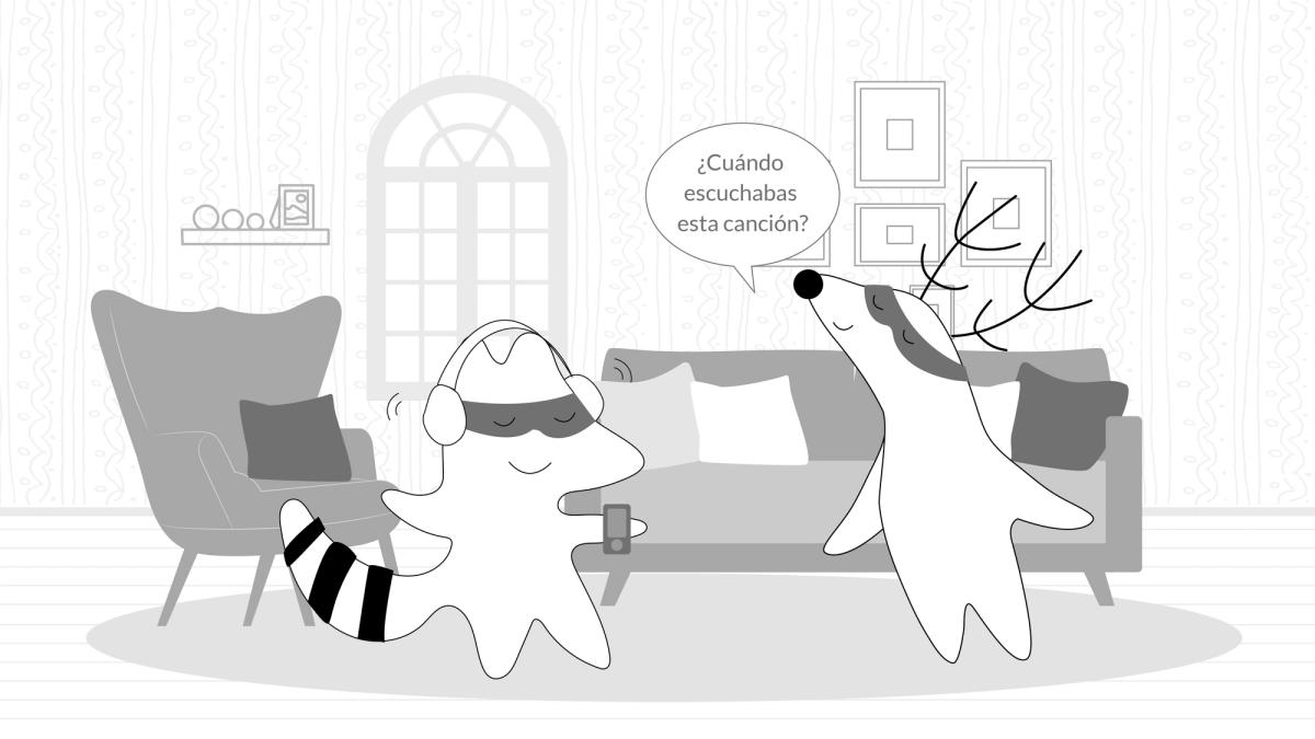 Iggy and Soren at home. Iggy is listening to music in her smartphone and Soren asks “¿Cuándo escuchabas esta canción?”