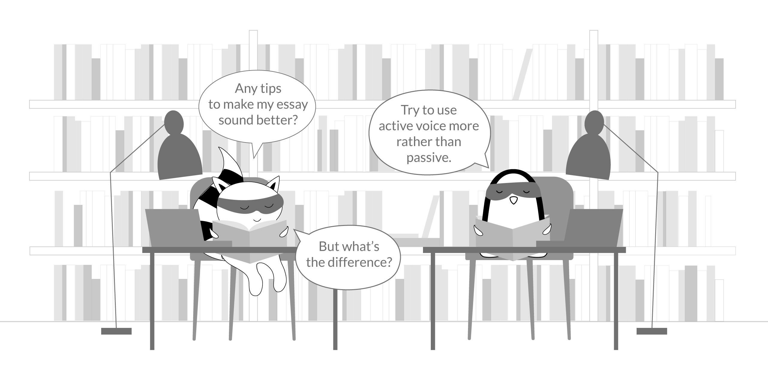 Characters talking about the usage of passive voice