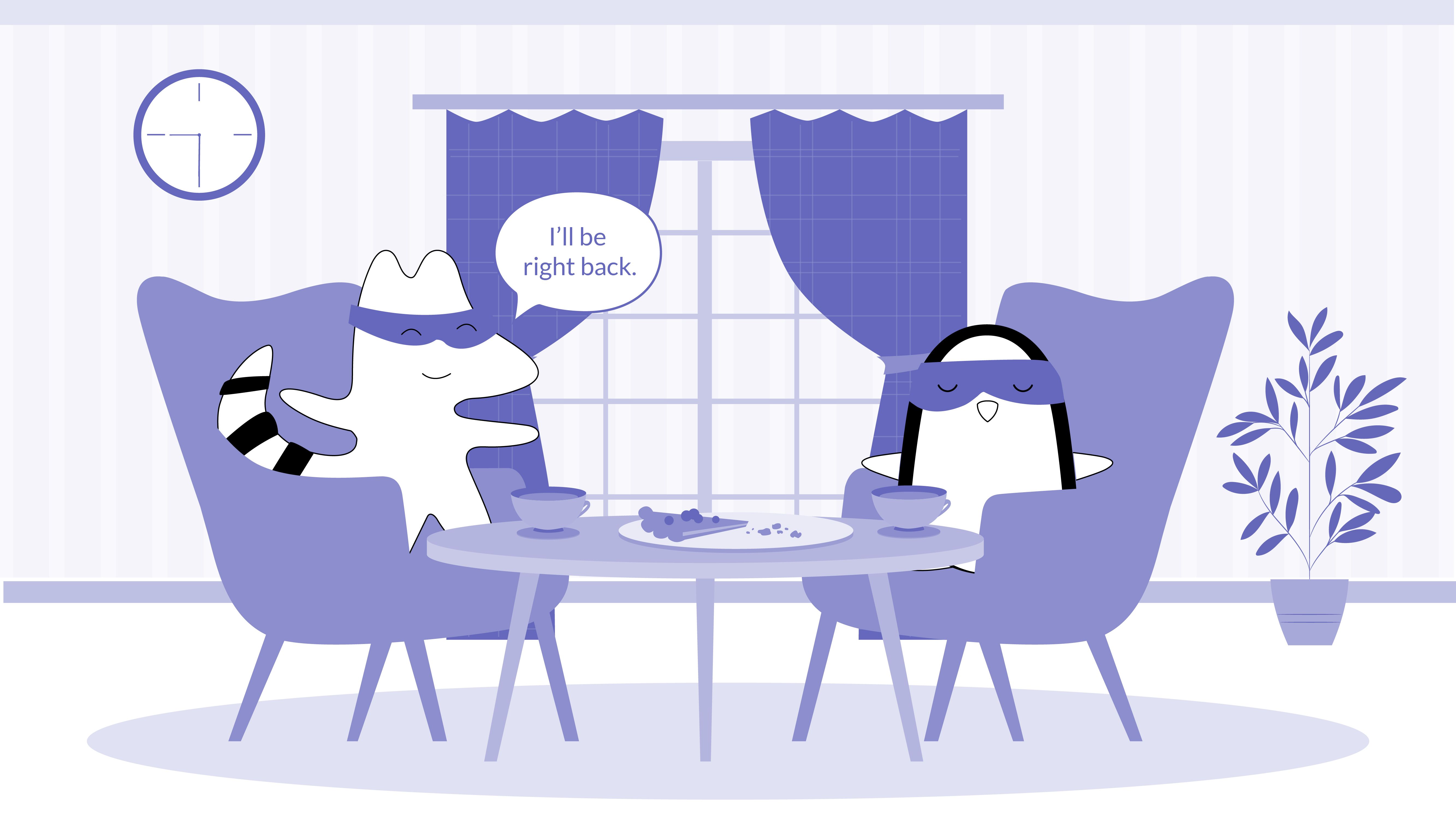 Iggy and Pocky are having dinner at the restaurant, Iggy says, “I’ll be right back.” It’s 9:30 pm on the clock.