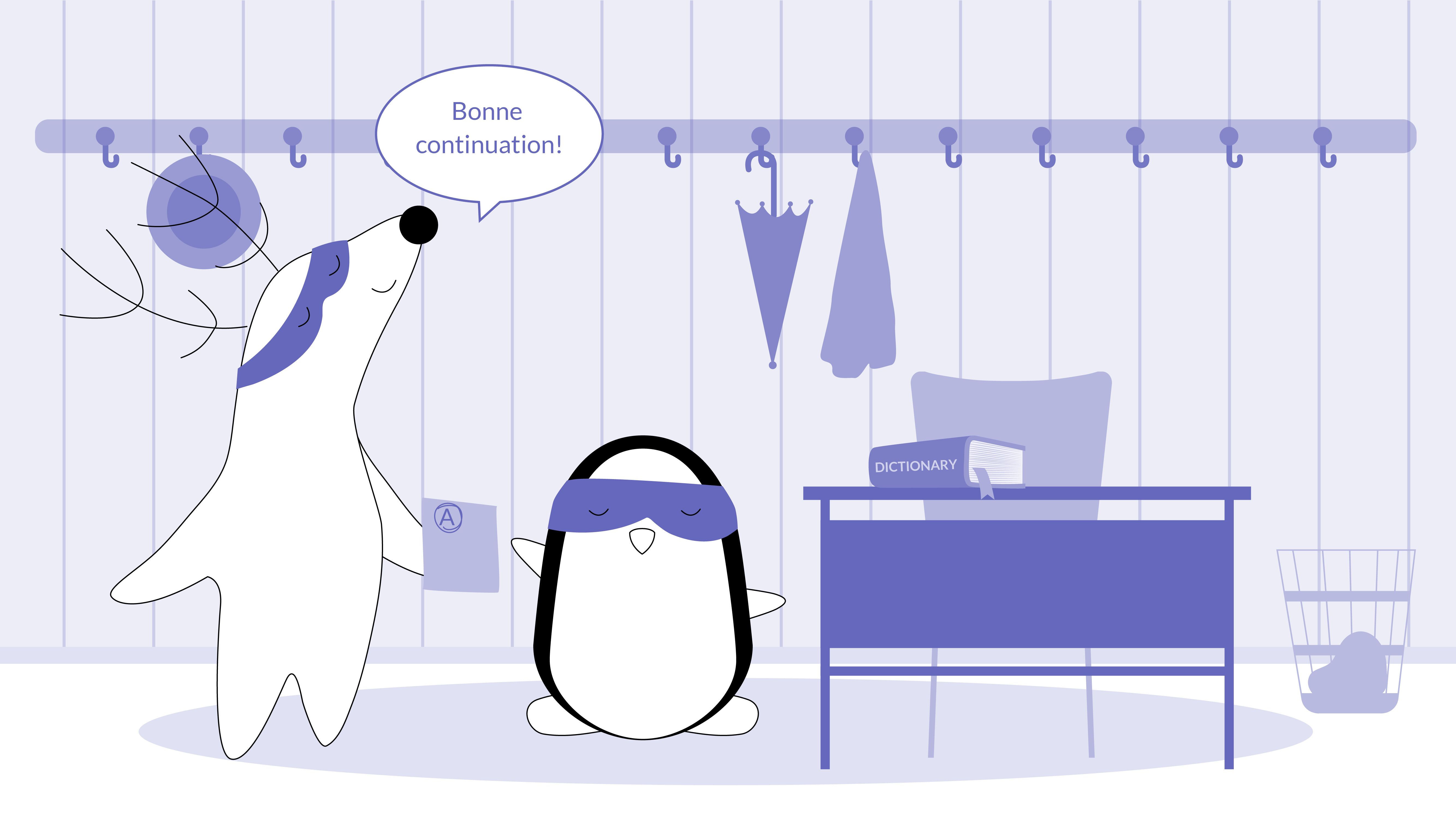 Pocky, as a teacher, gives Soren back his exam paper with an A+ grade on it, saying, “Bonne continuation!”