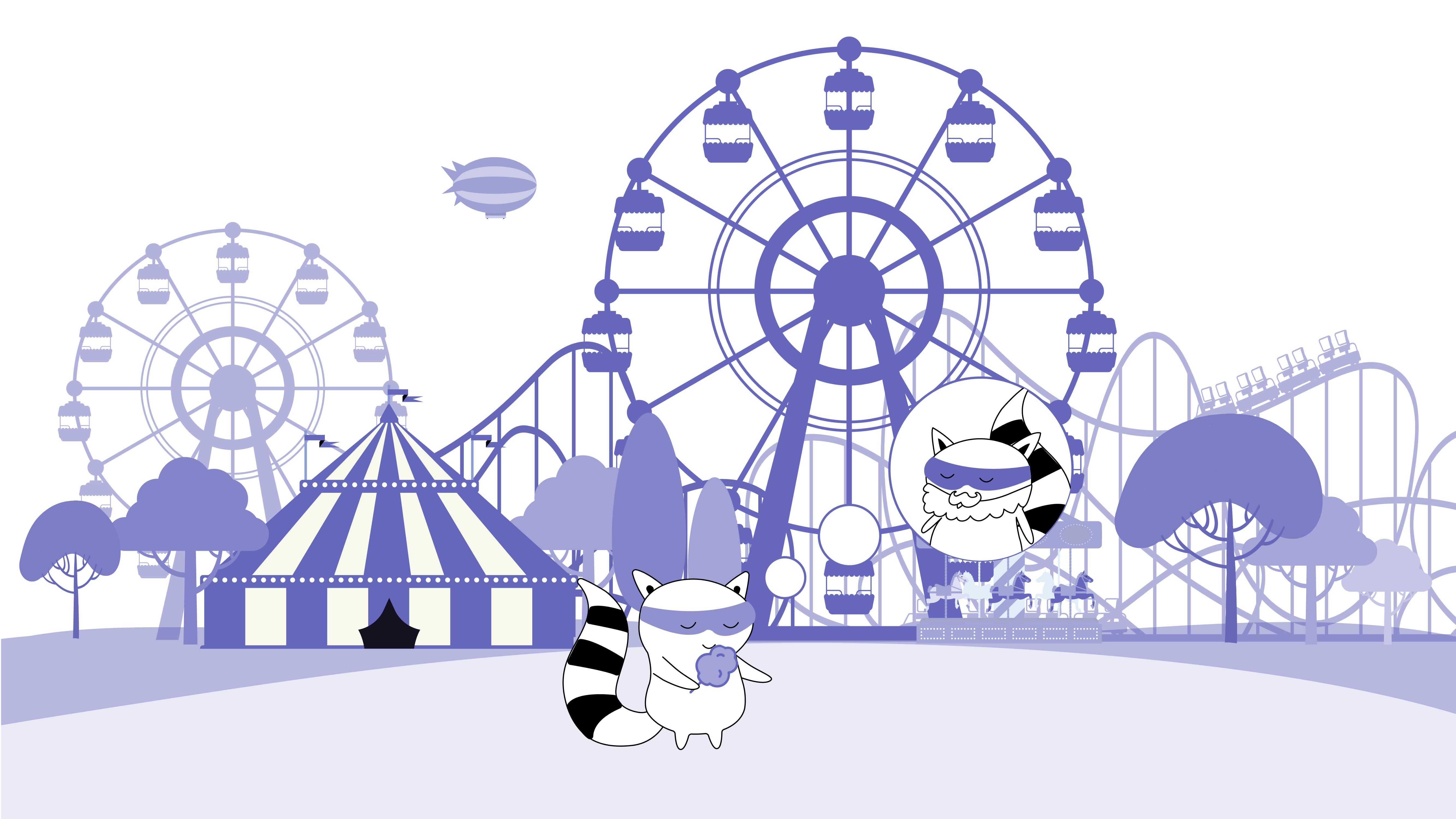 A character-kid holding cotton candy at a fair/amusement park, thinking about his father with a beard in the form of cotton candy