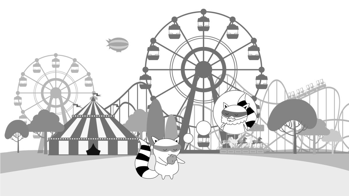 A character-kid holding cotton candy at a fair/amusement park, thinking about his father with a beard in the form of cotton candy