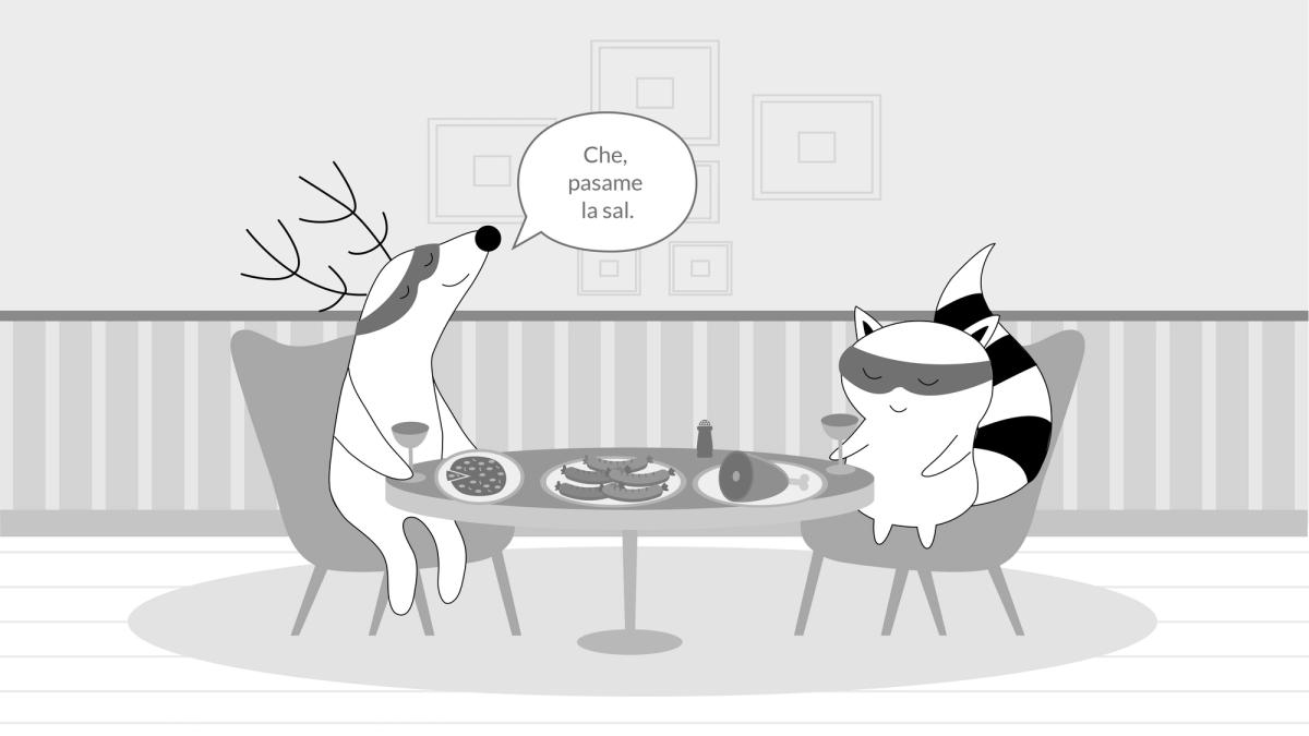 Soren speaking to Pocky in a restaurant, pointing at the salt and saying "Che, pasame la sal."