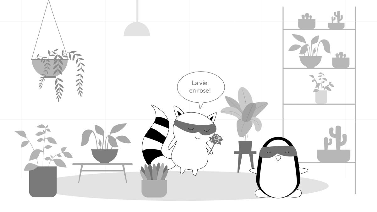 Benji and pocky at a flower shop. Benji holds up roses in front of his eyes and says "la vie en rose!"