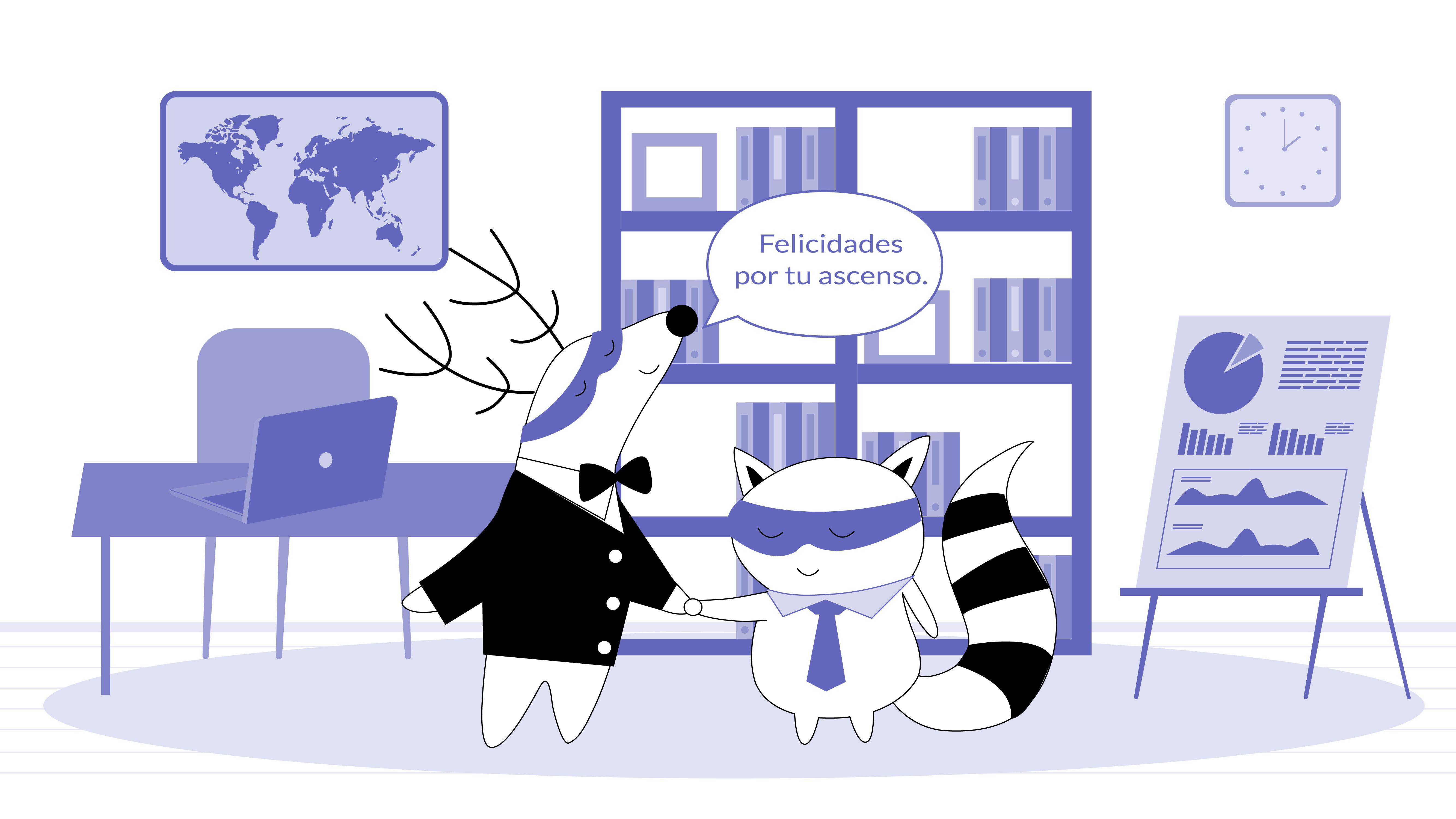 Soren and Benji are at the office. Soren is stretching Benji’s hand, saying, “Felicidades por tu ascenso.”