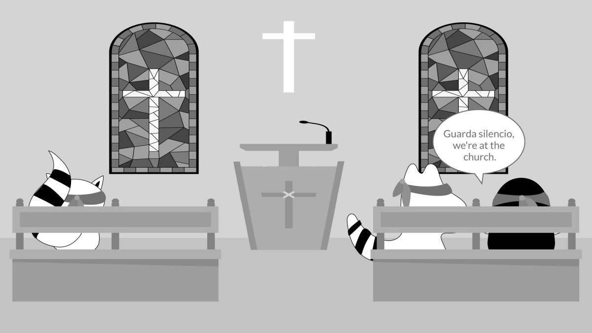 Pocky, Soren, and Iggy are at the church, Pocky says to Iggy, "Guarda silencio, we're at the church."