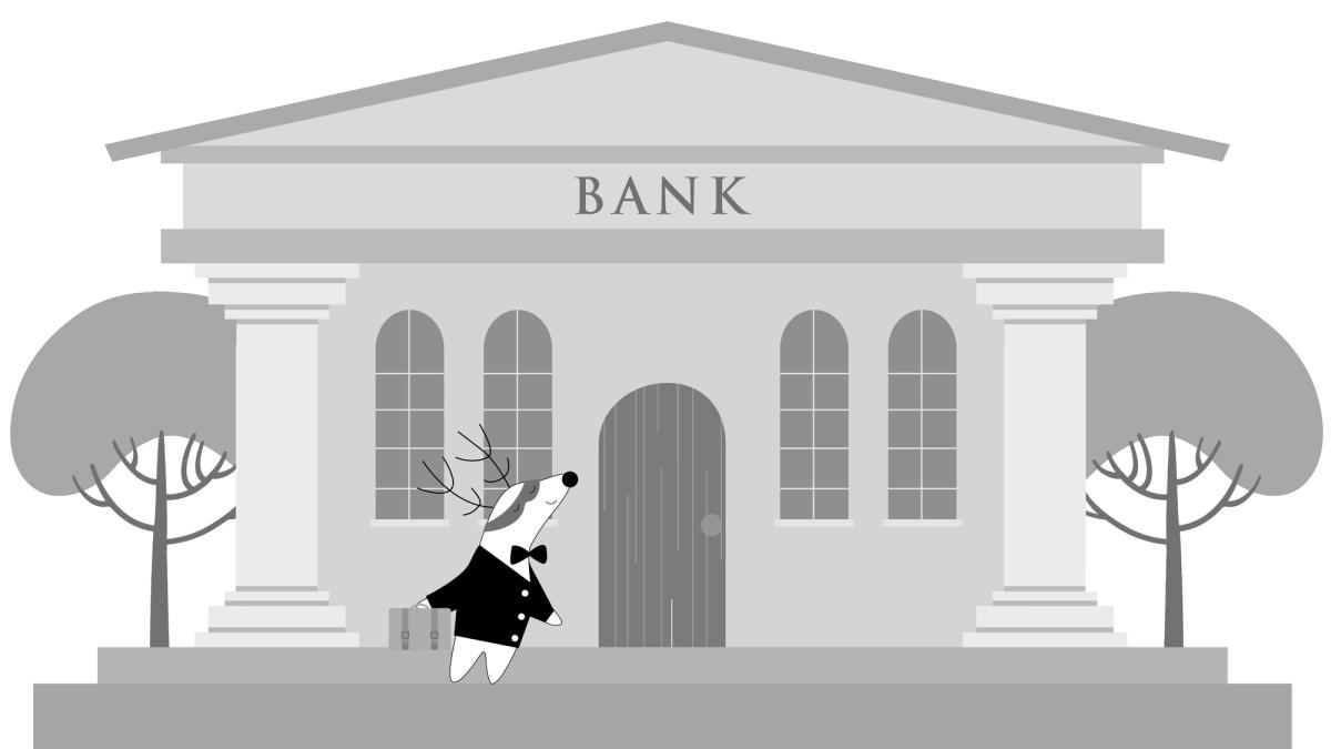 Iggy in front of a bank, about to enter with a suitcase in hand.