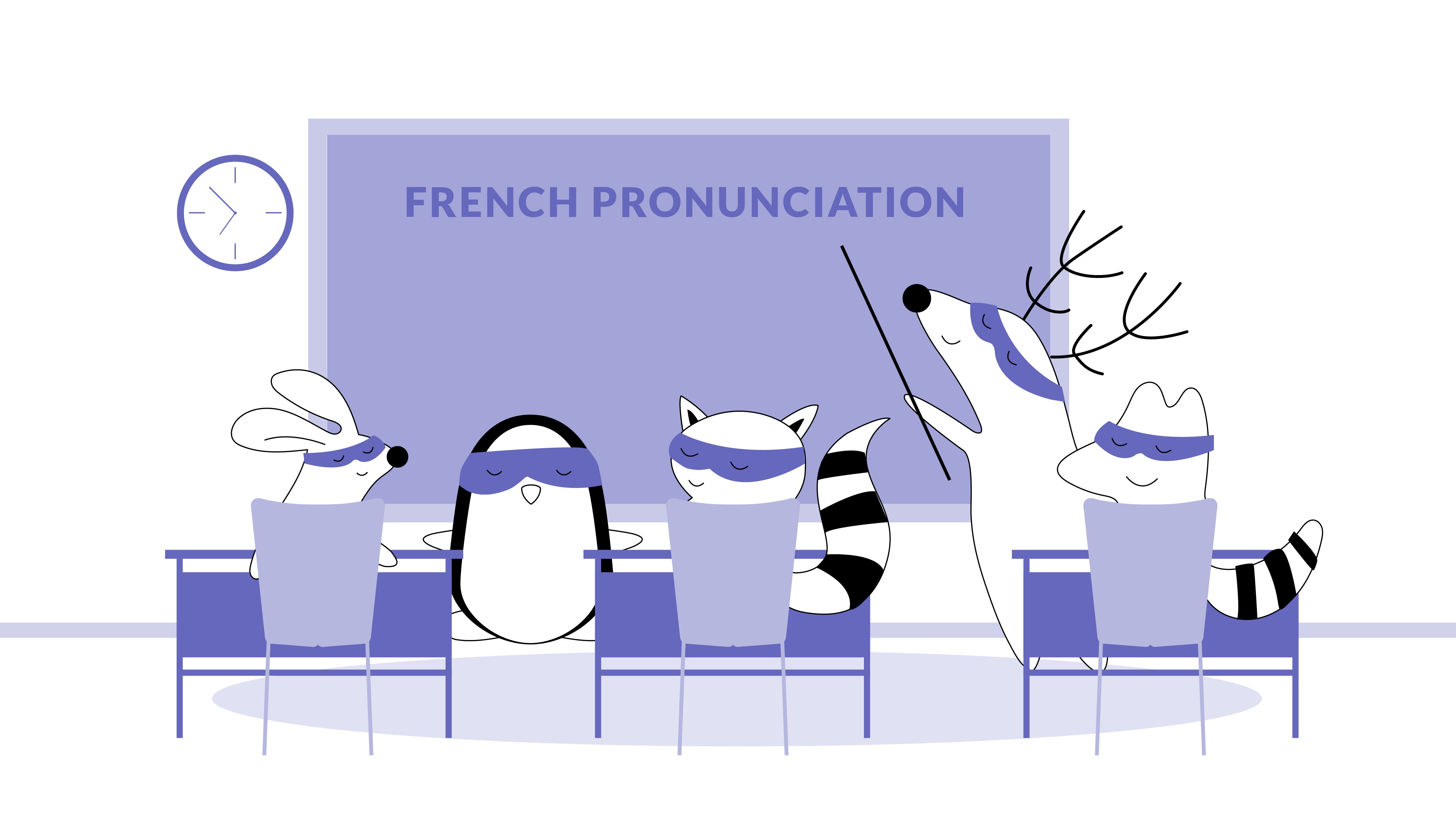 A classroom setting where Iggy, Pocky, and Benji are learning French grammar from top-rated books, with Soren as a teacher pointing to important concepts on a blackboard.