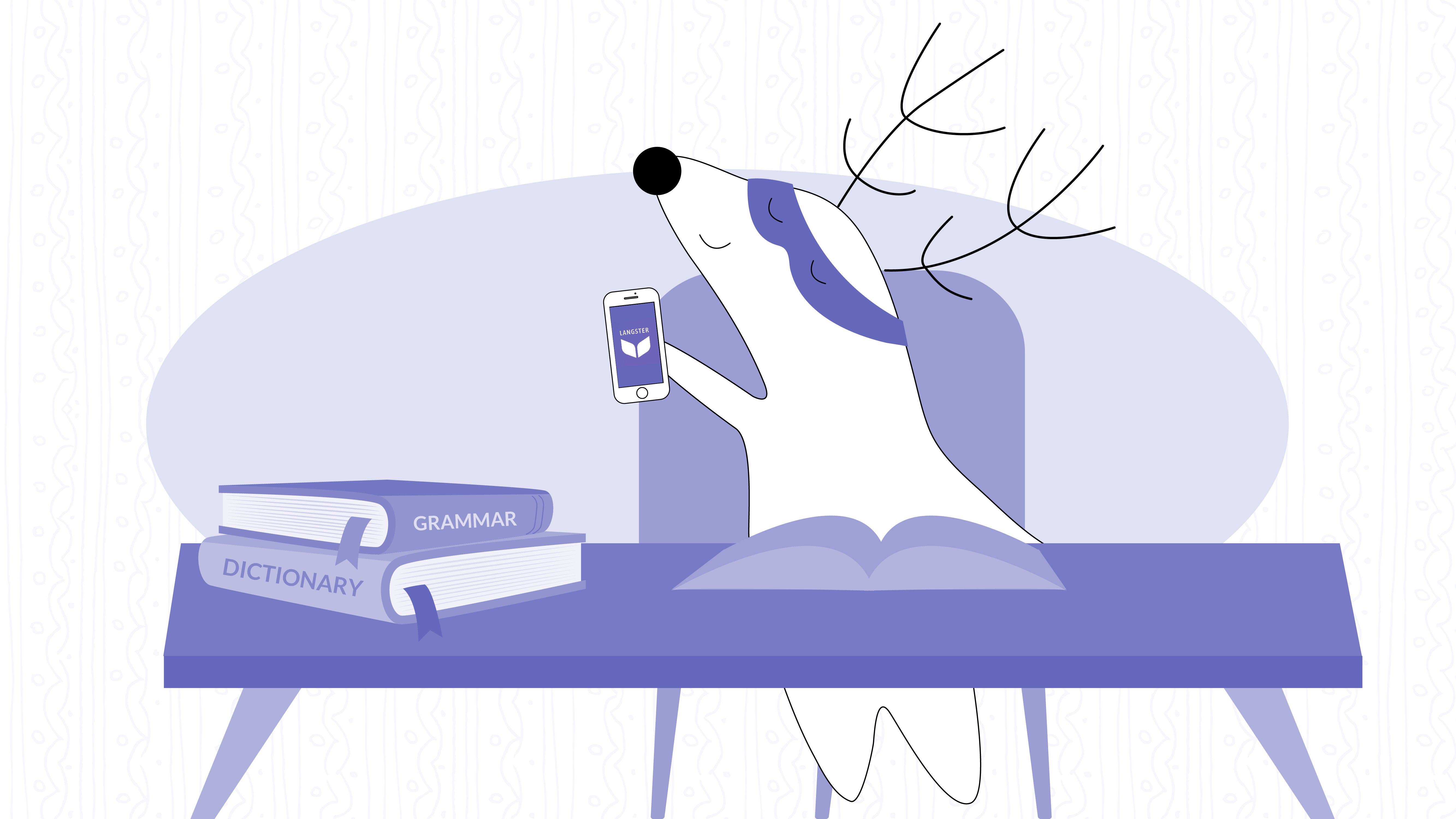 Soren sits down at his desk, with his smartphone in hand but also with a dictionary and a notebook, using them to take down notes.