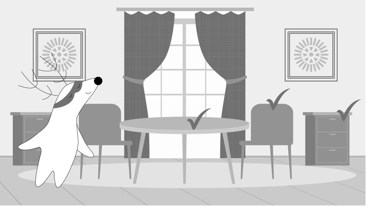 Soren is in a room, in which all furniture pieces — table, chair, and a commode – are singed 