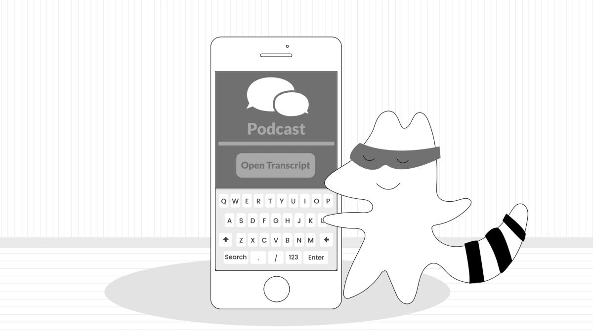 Iggy’s finished listening to the podcast episode. There is an “open transcript” button on the screen.