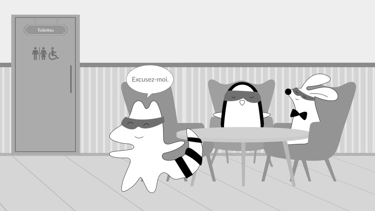 Iggy strands up from the restaurant table, saying, “Excusez-moi,” and looking in the bathroom’s direction.