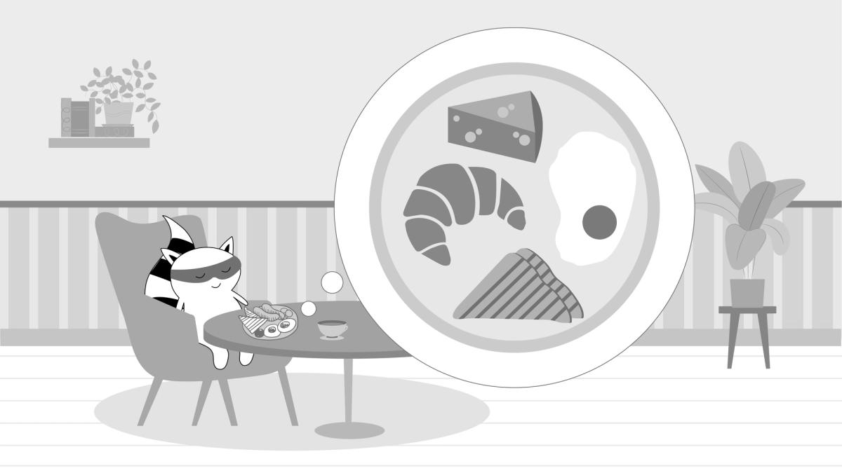A drawing of a breakfast table with cheese, eggs, toast, croissants, and tea.