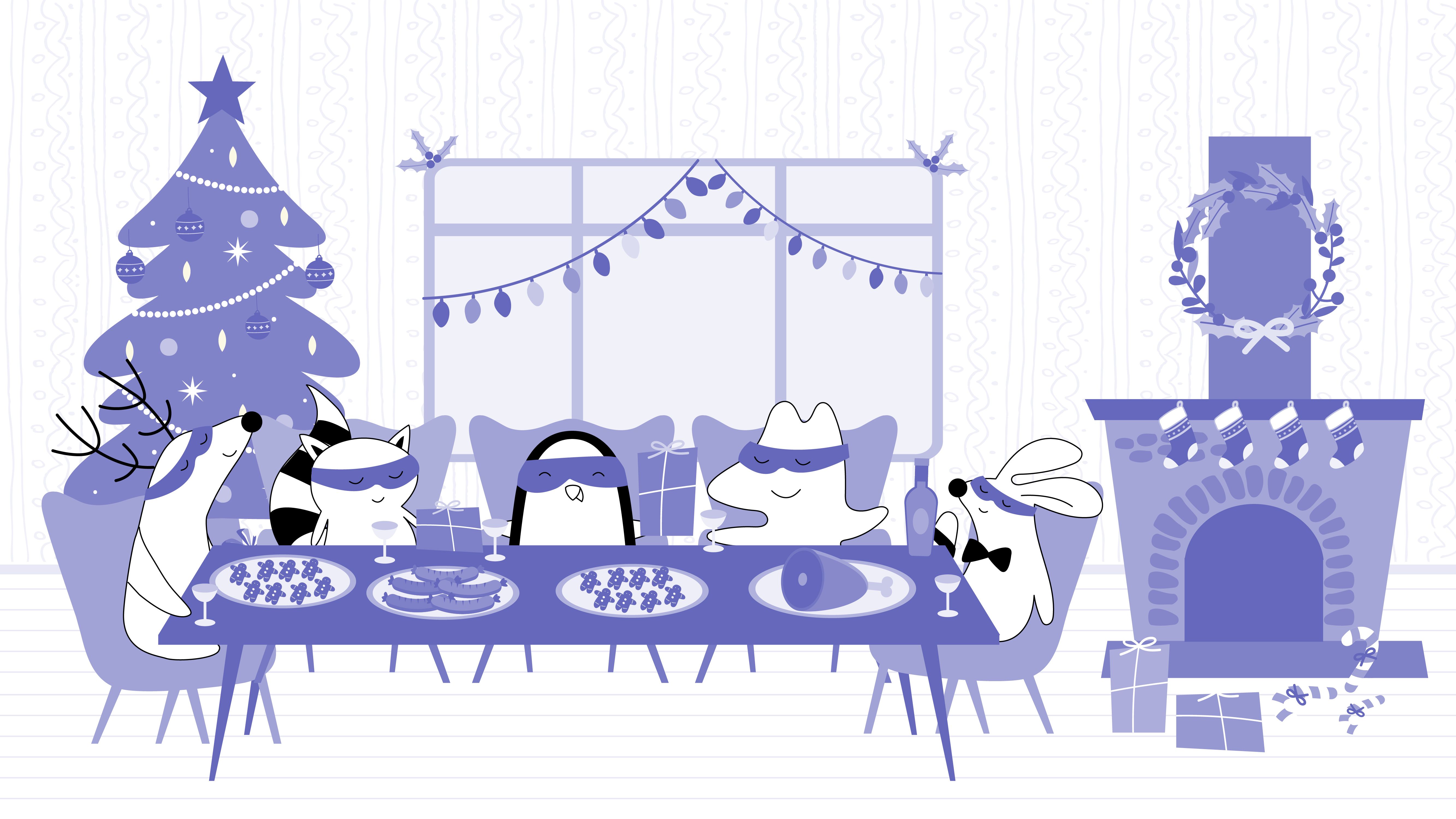 Soren, Iggy, Benji, and Pocky are toasting the New Year at a table full of food.