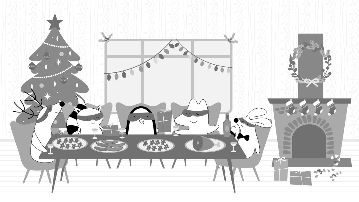 Soren, Iggy, Benji, and Pocky are toasting the New Year at a table full of food.