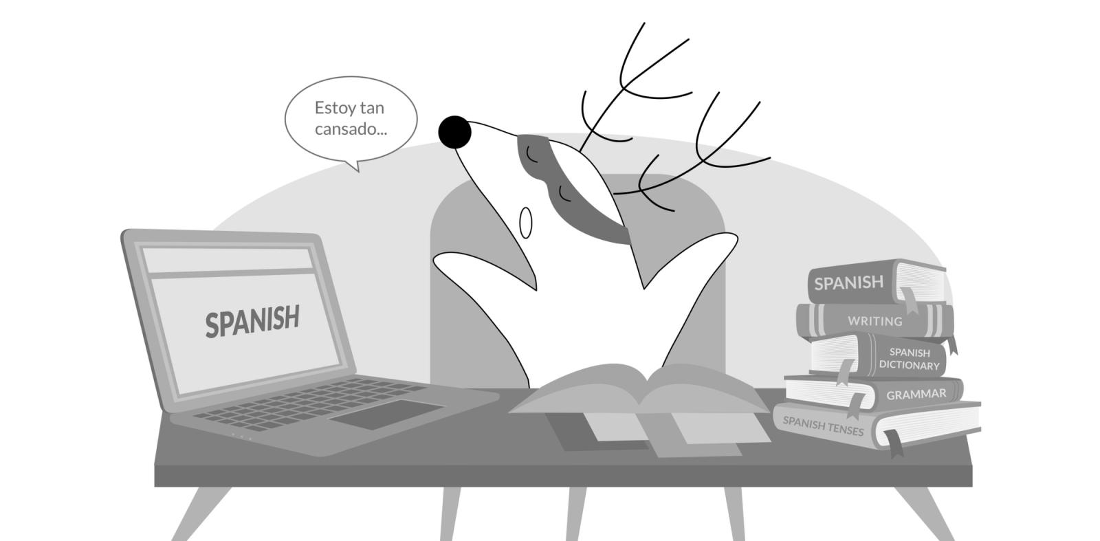 Soren is yawning and stretching in front of his desk, thinking, "Estoy tan cansado..."