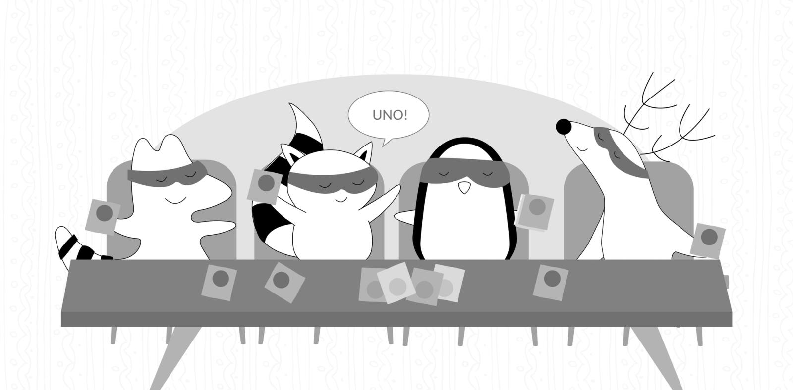 Soren, Iggy, Benji and Pocky sitting around a table and playing cards, Iggy saying "uno!".