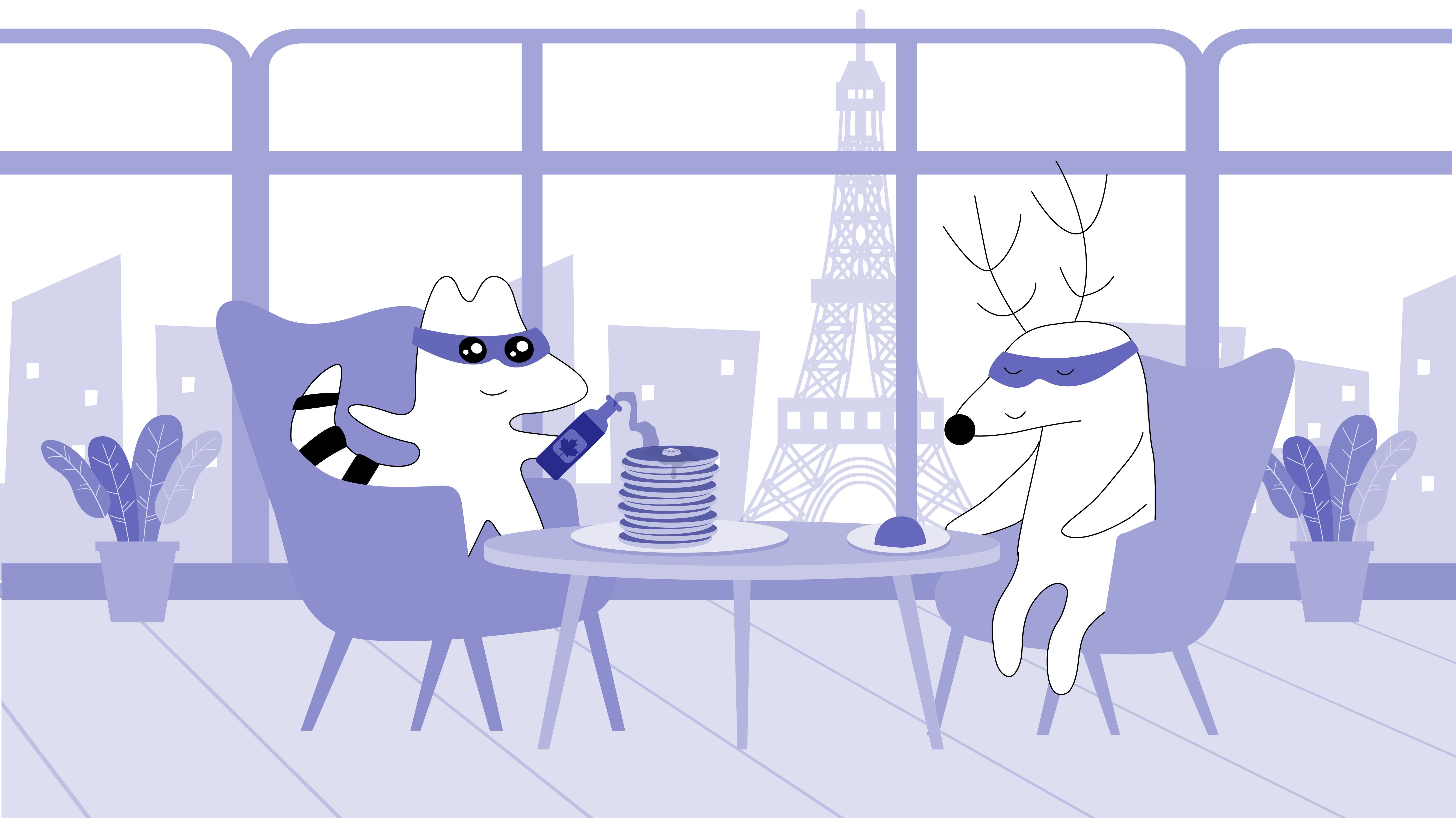 Soren and Iggy are at the Parisian cafe, Soren eats le flan, and Iggy eats la crêpe.