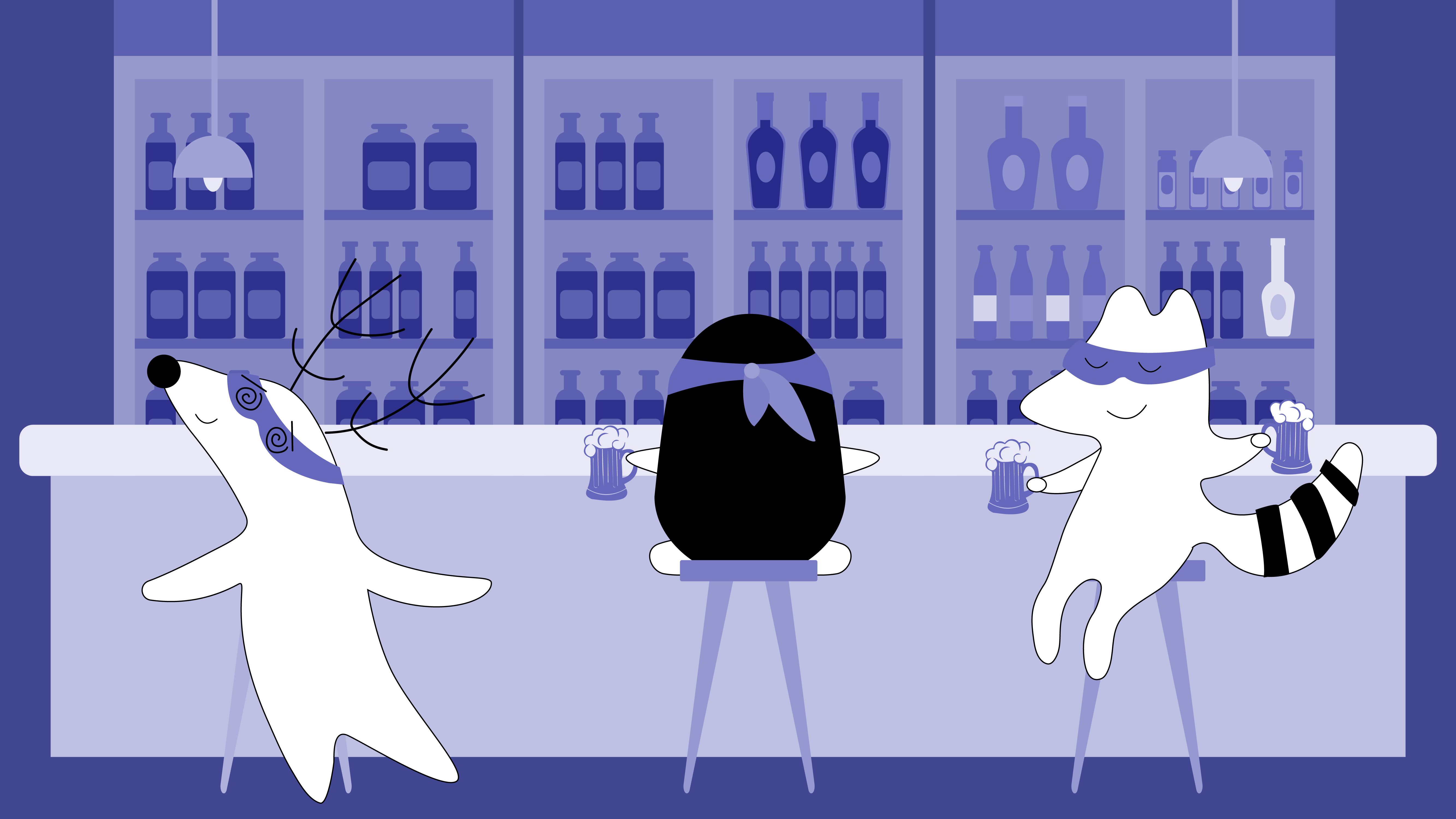 Soren, looking very drunk, leaves Iggy, Pocky, and Benji at the bar.