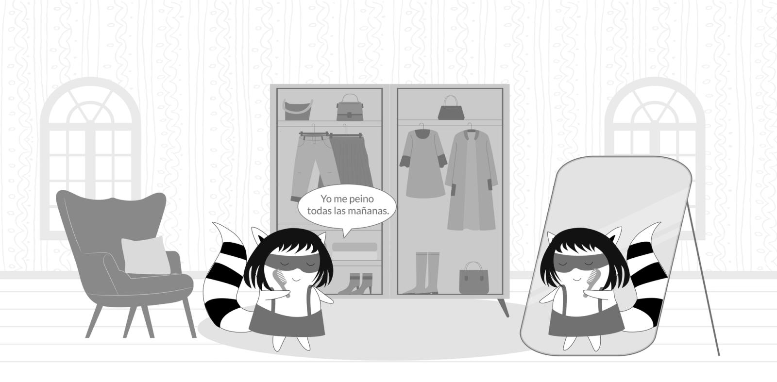 Pocky is in front of the mirror, combing her hair and saying to herself “Yo me peino todas las mañanas.”