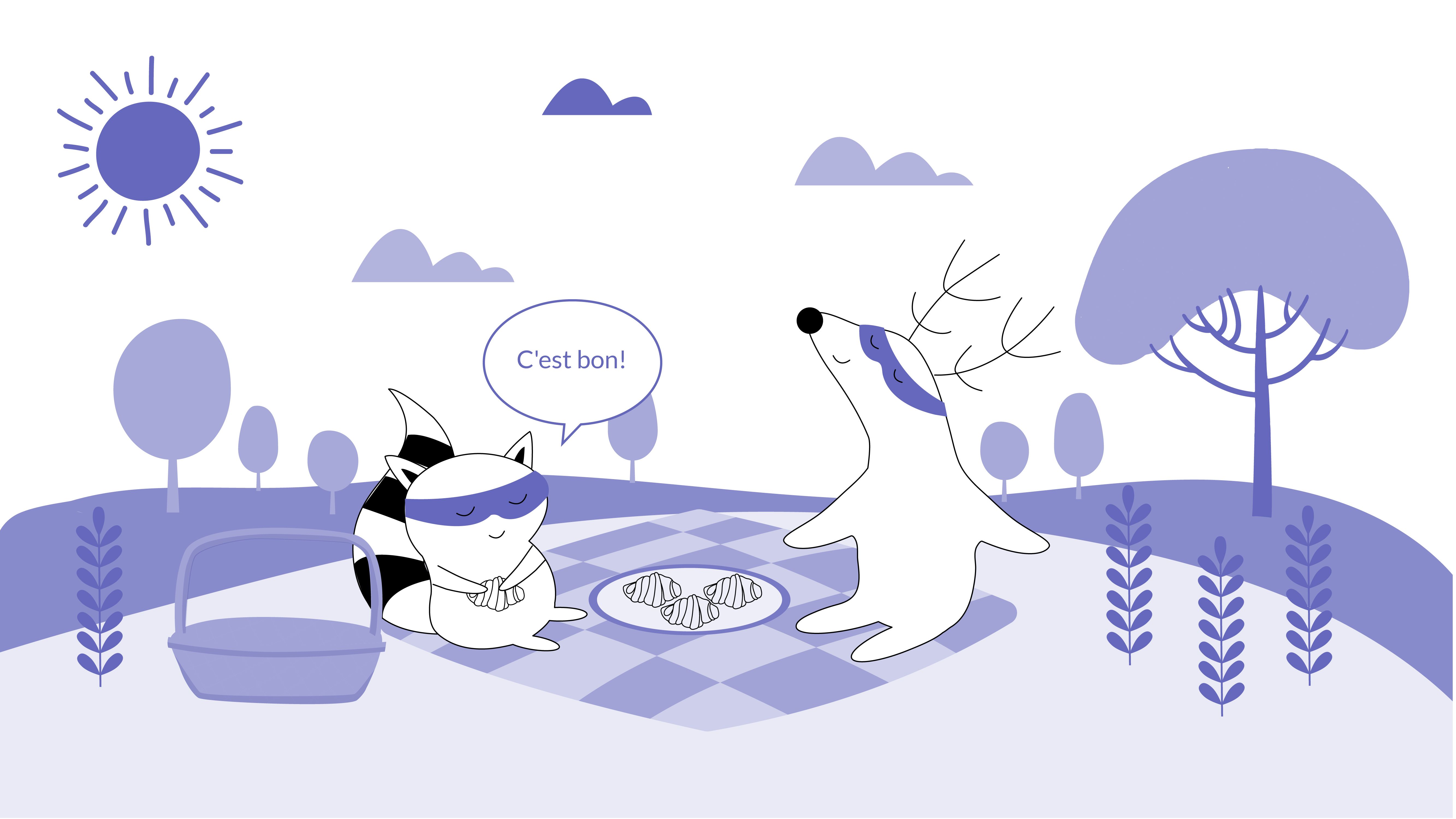 Pocky and Iggy are having freshly baked croissants with coffee in the park. Iggy takes a bite of a delicious French pastry, exclaiming,