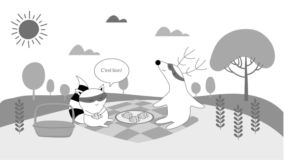 Pocky and Iggy are having freshly baked croissants with coffee in the park. Iggy takes a bite of a delicious French pastry, exclaiming, "C'est bon!”