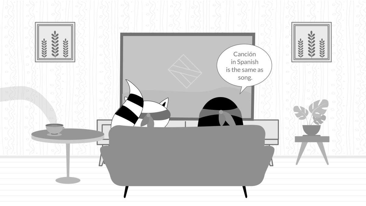 Pocky and Benji watching TV together, commenting “Canción in Spanish is the same as song”.
