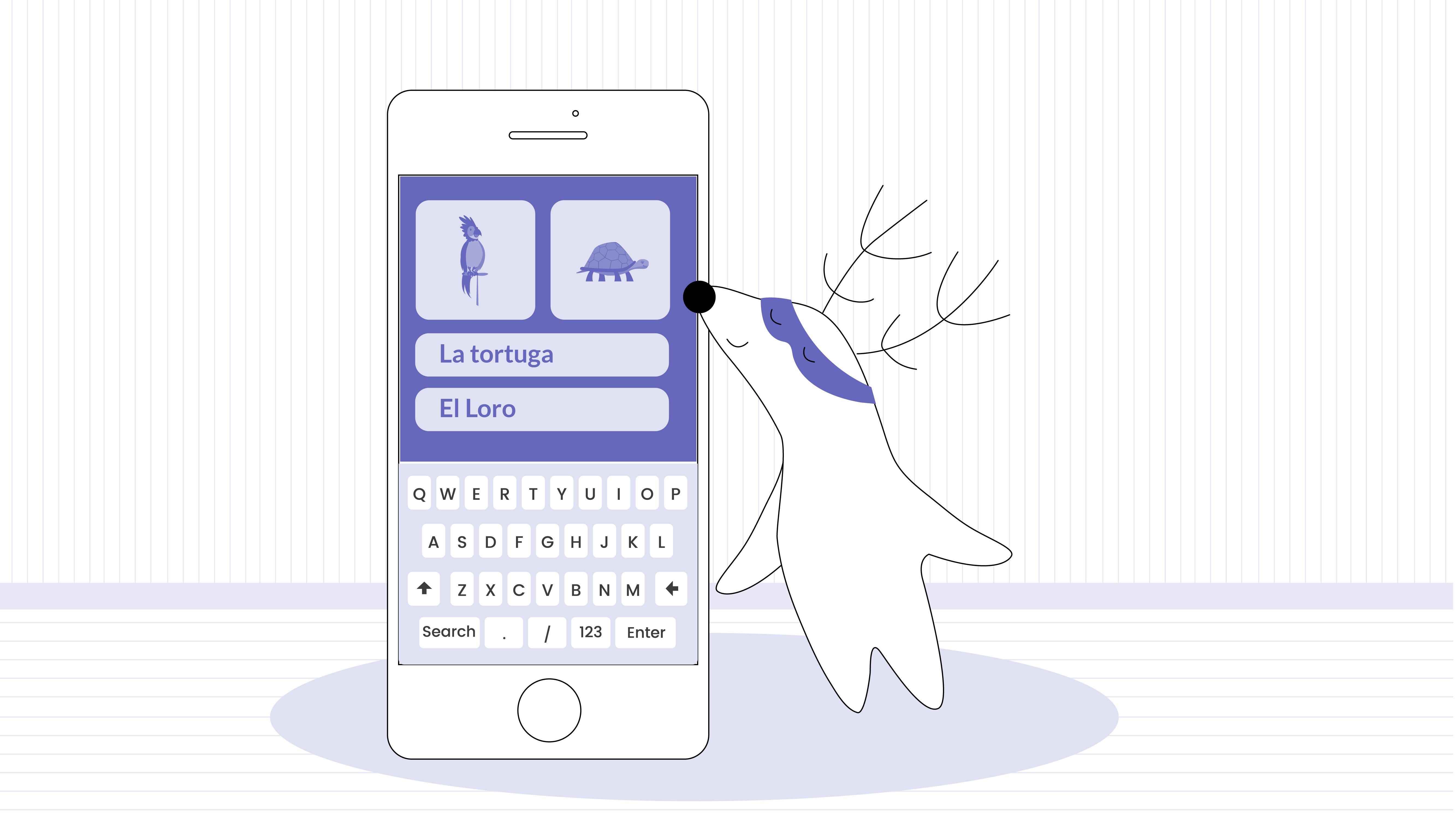 Soren using his phone, matching animal flashcards with their names.