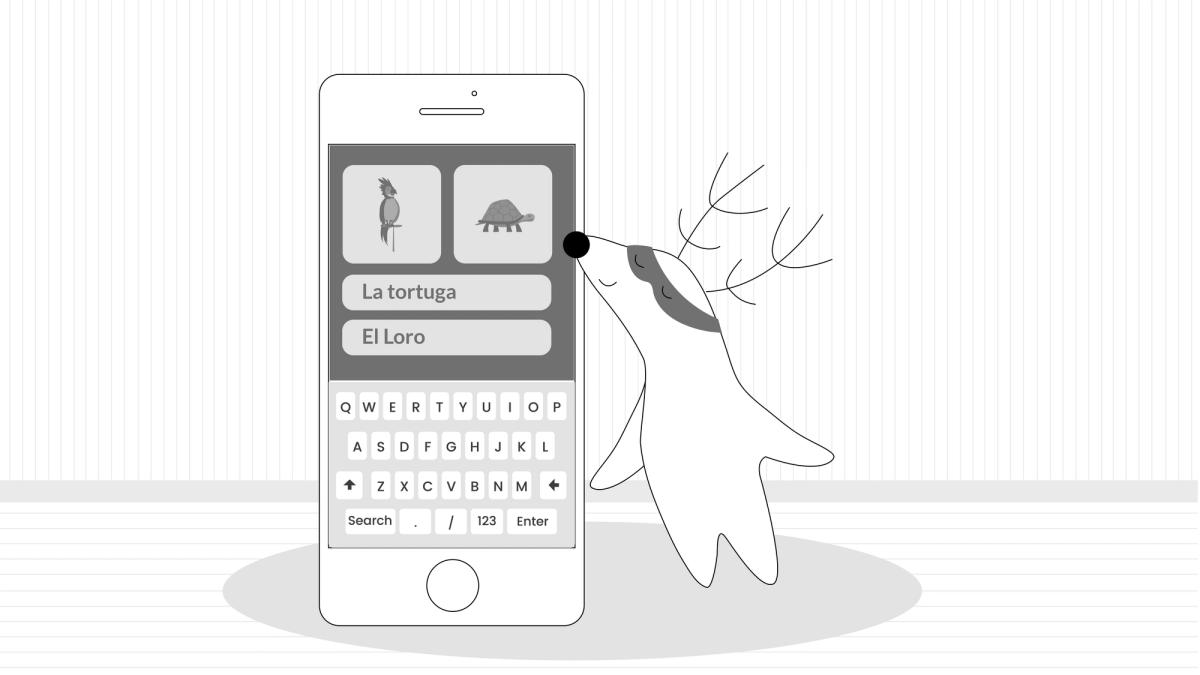 Soren using his phone, matching animal flashcards with their names.