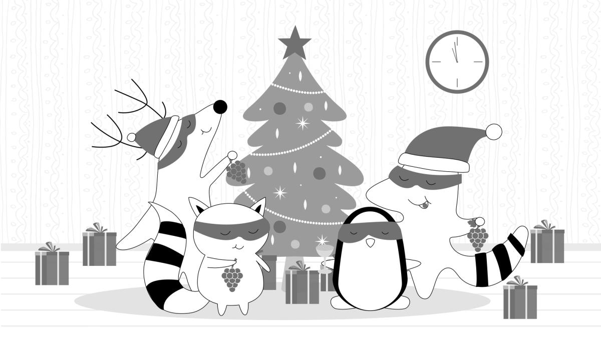 Pocky, Soren, Iggy, and Benji are eating grapes while the clock behind them is approaching midnight.