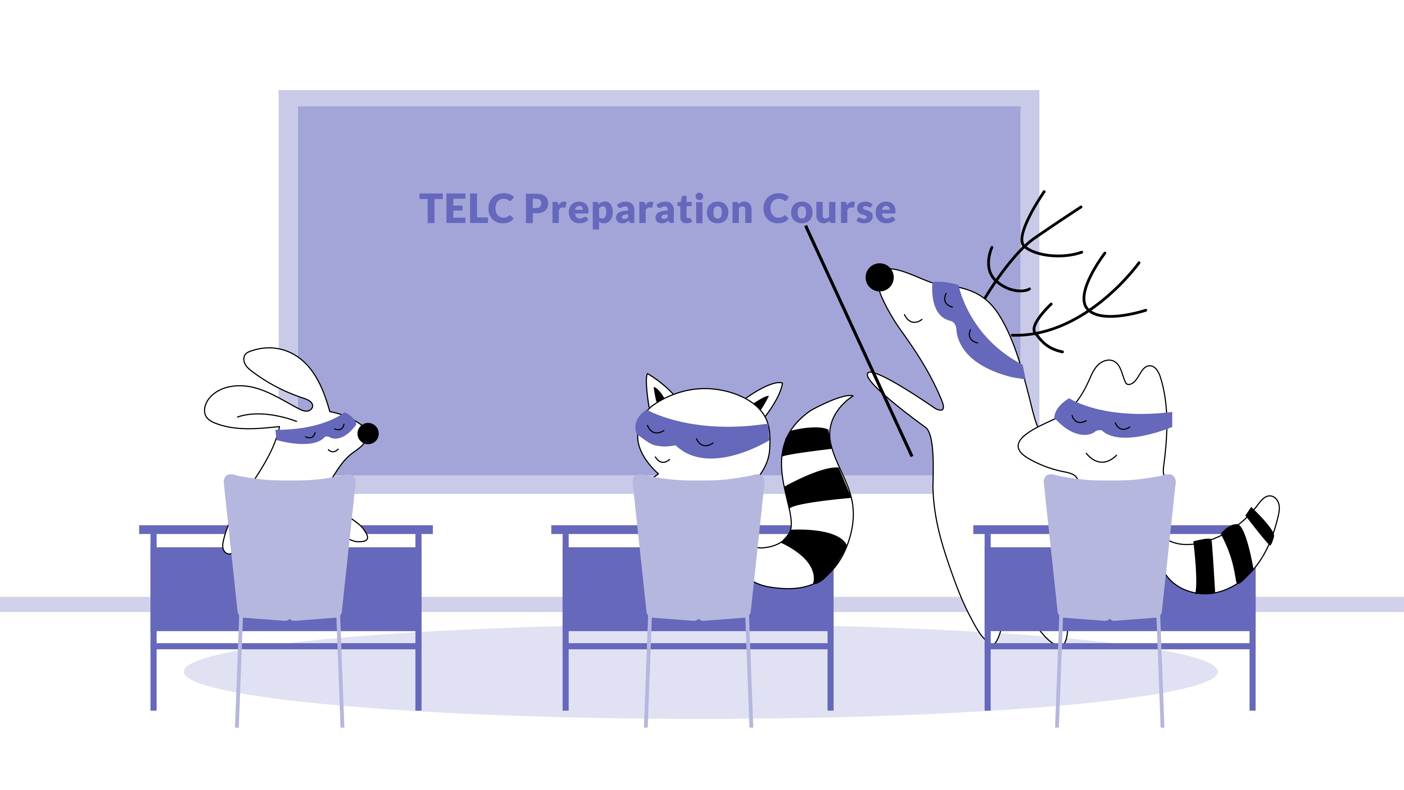 Benji attends German courses, joining Soren, Iggy, and Pocky. They are in the classroom with the “TELC Preparation Course” written on the blackboard.