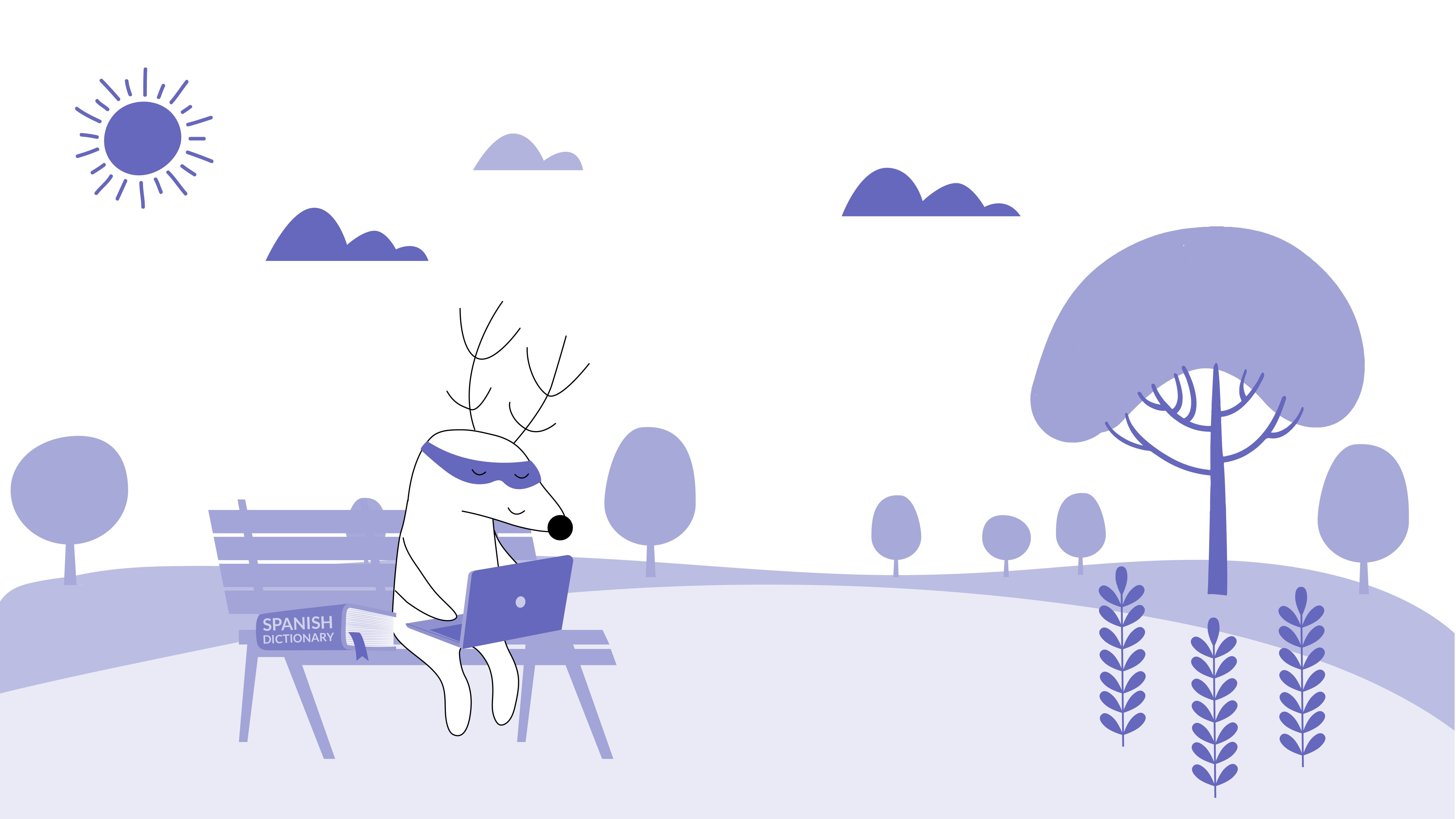 Soren is studying in a park, with a laptop and a Spanish dictionary by his side.