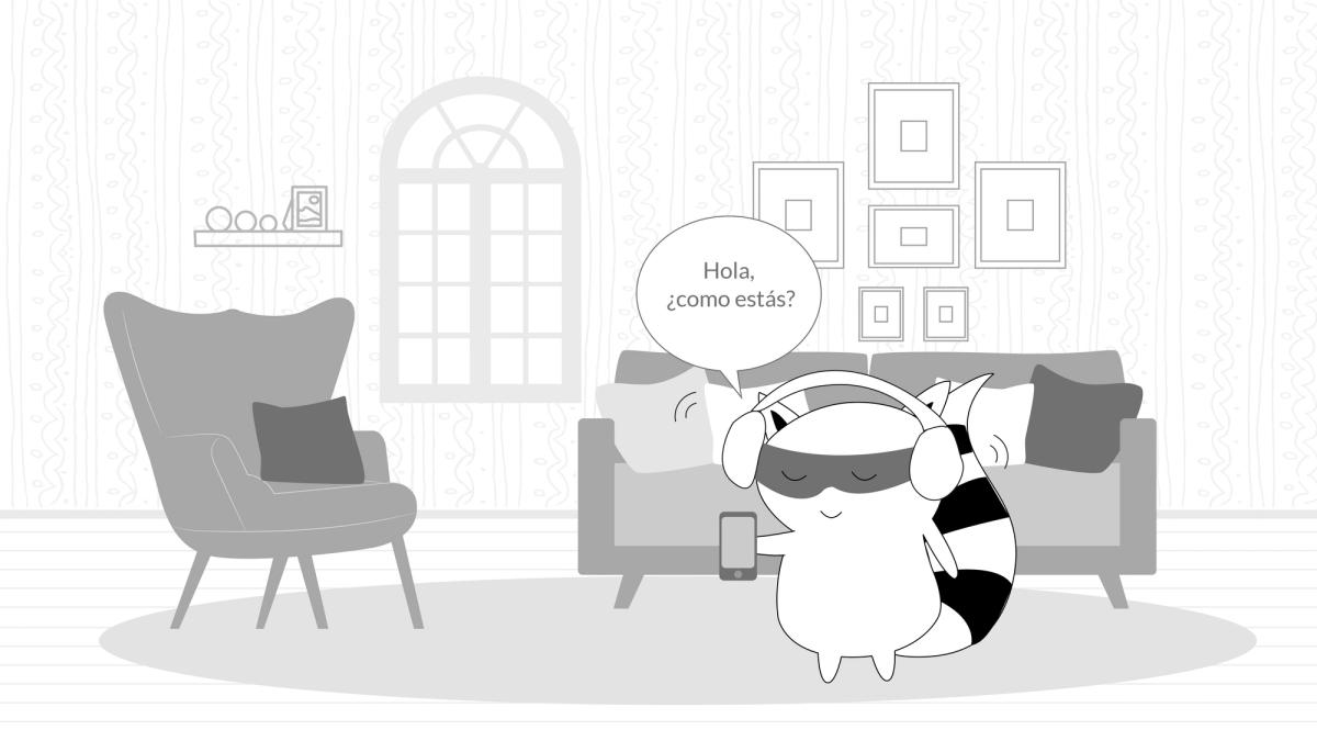 Benji at home, smartphone in hand and headphones, repeating “Hola, ¿como estás?