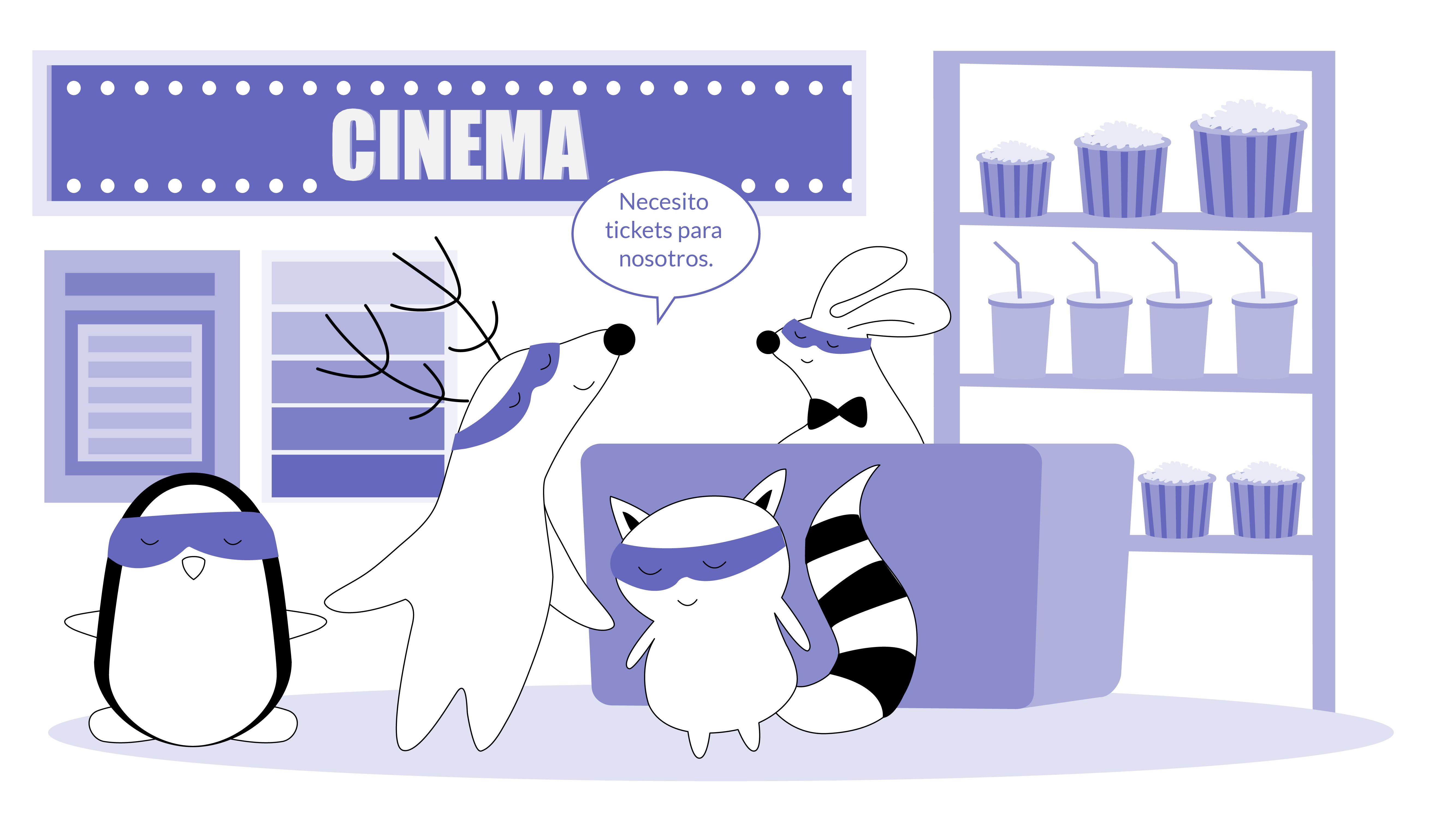 Soren buys cinema tickets, accompanied by Benji and Pocky. Soren says to the employee, “Necesito tickets para nosotros.”