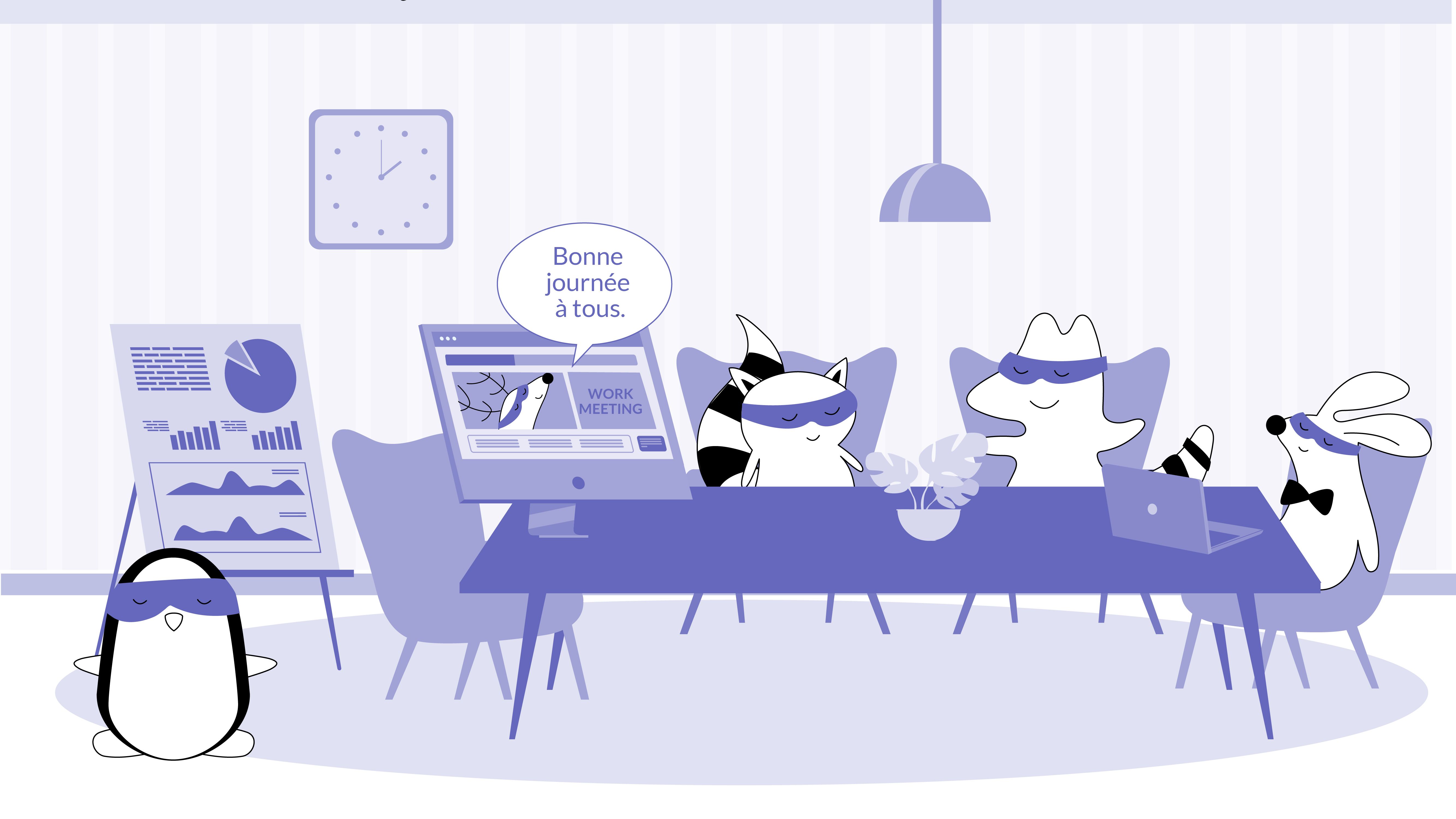 Pocky ends an online meeting with Soren, Iggy, and Benji, saying, “Bonne journée à tous.” to them.
