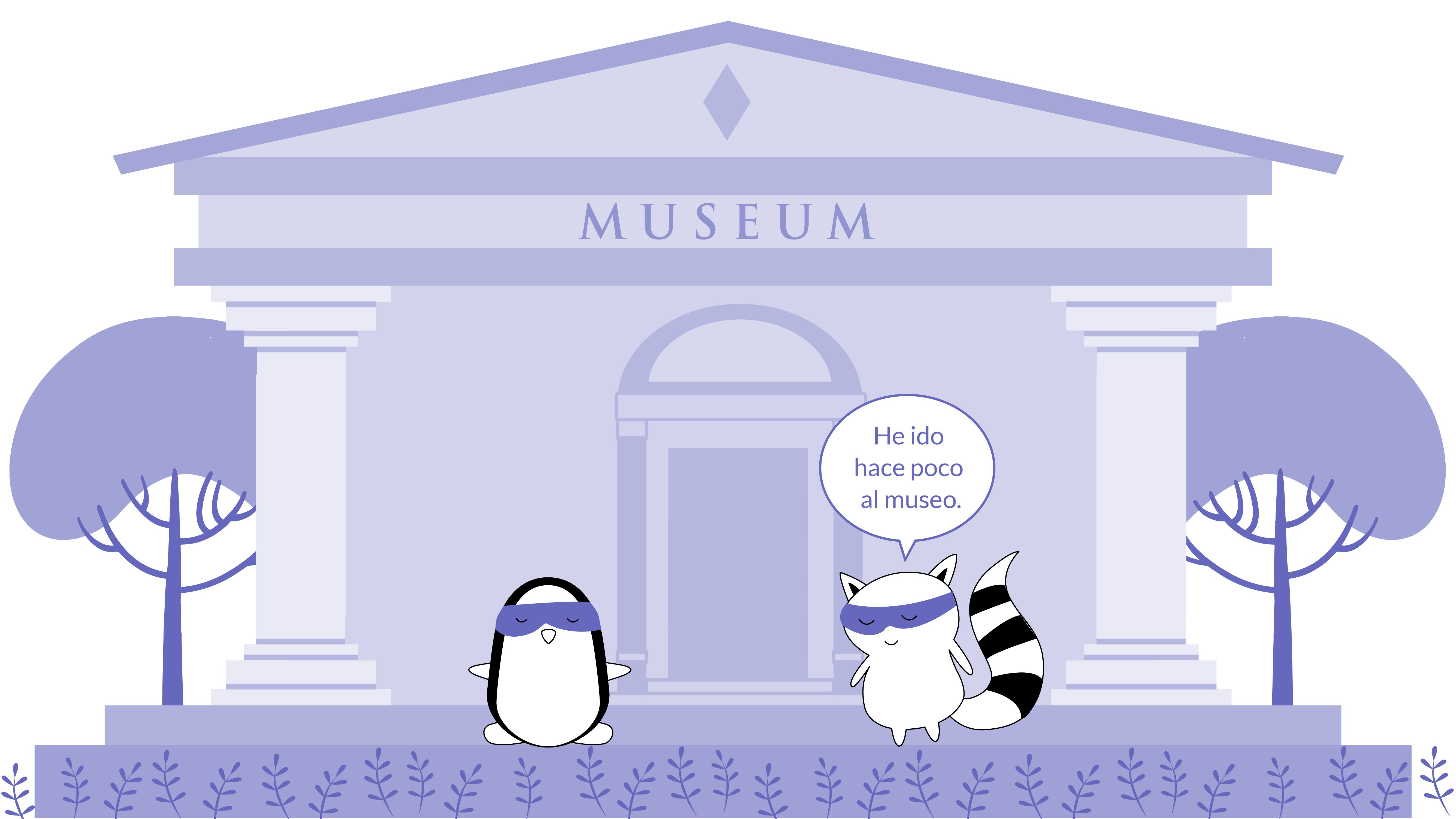 Benji tells Pocky, “He ido hace poco al museo,” with the museum behind them.