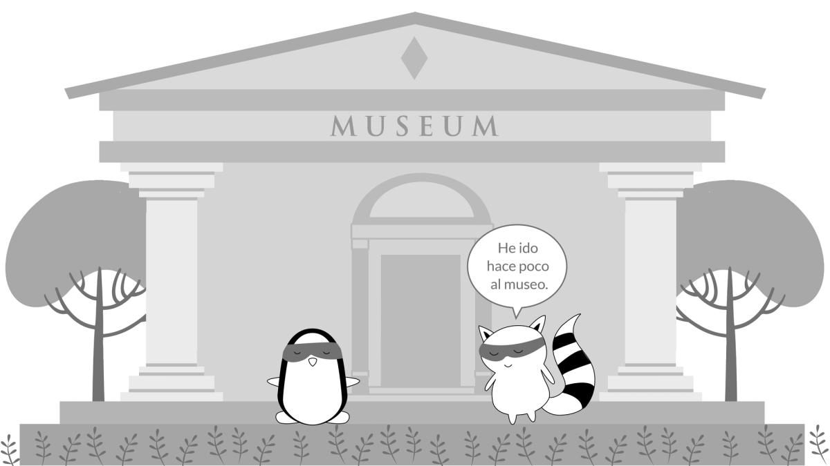 Benji tells Pocky, “He ido hace poco al museo,” with the museum behind them.