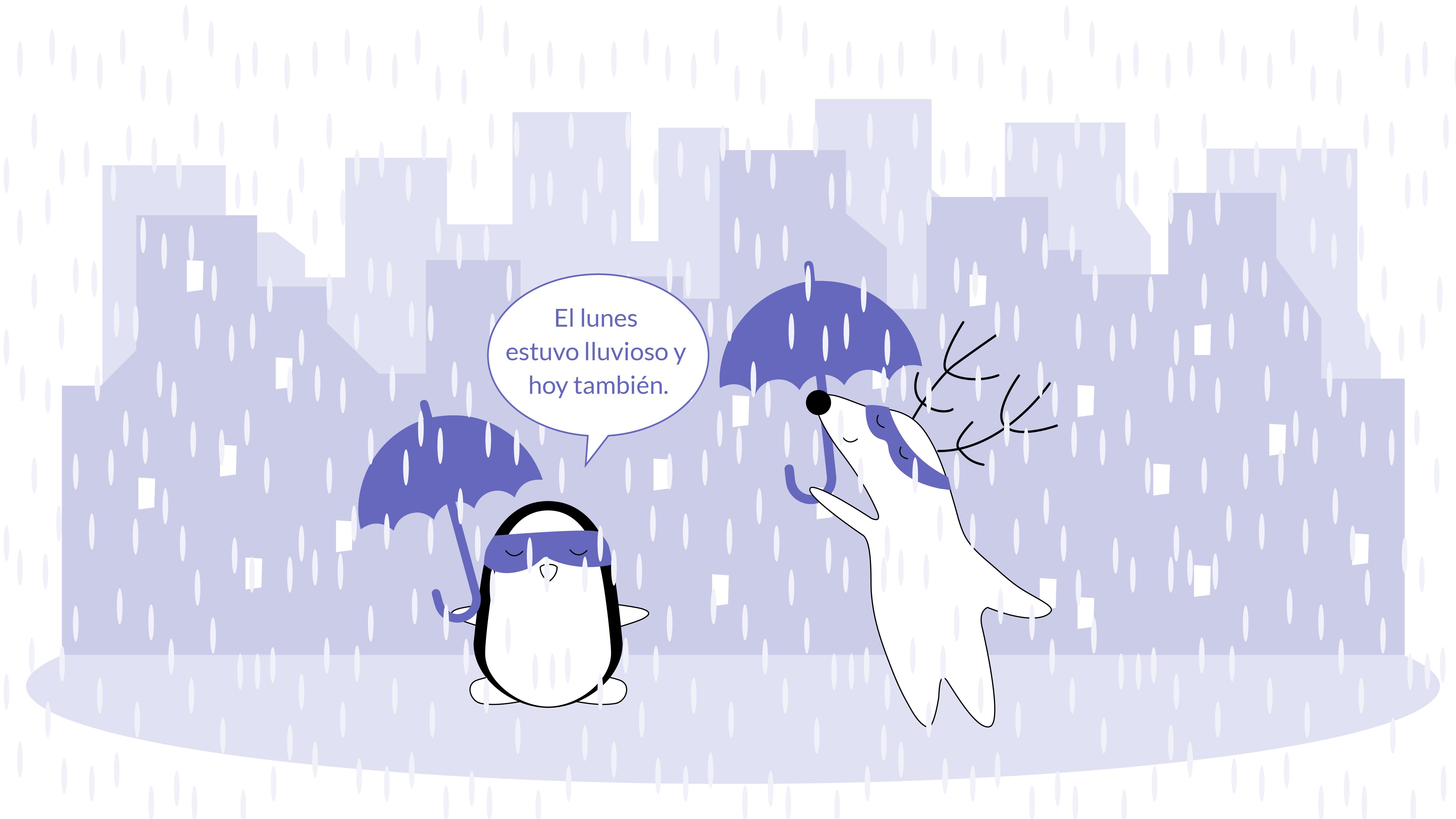 Soren and Pocky standing under the rain, with umbrellas, Soren saying “El lunes estuvo lluvioso y hoy también.”
