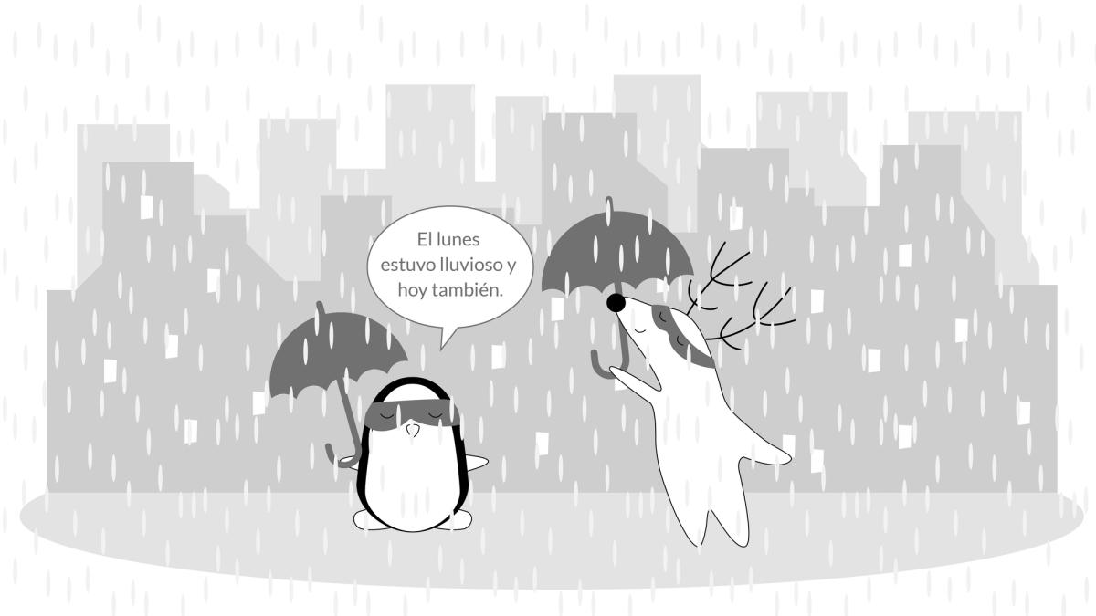 Soren and Pocky standing under the rain, with umbrellas, Soren saying “El lunes estuvo lluvioso y hoy también.”