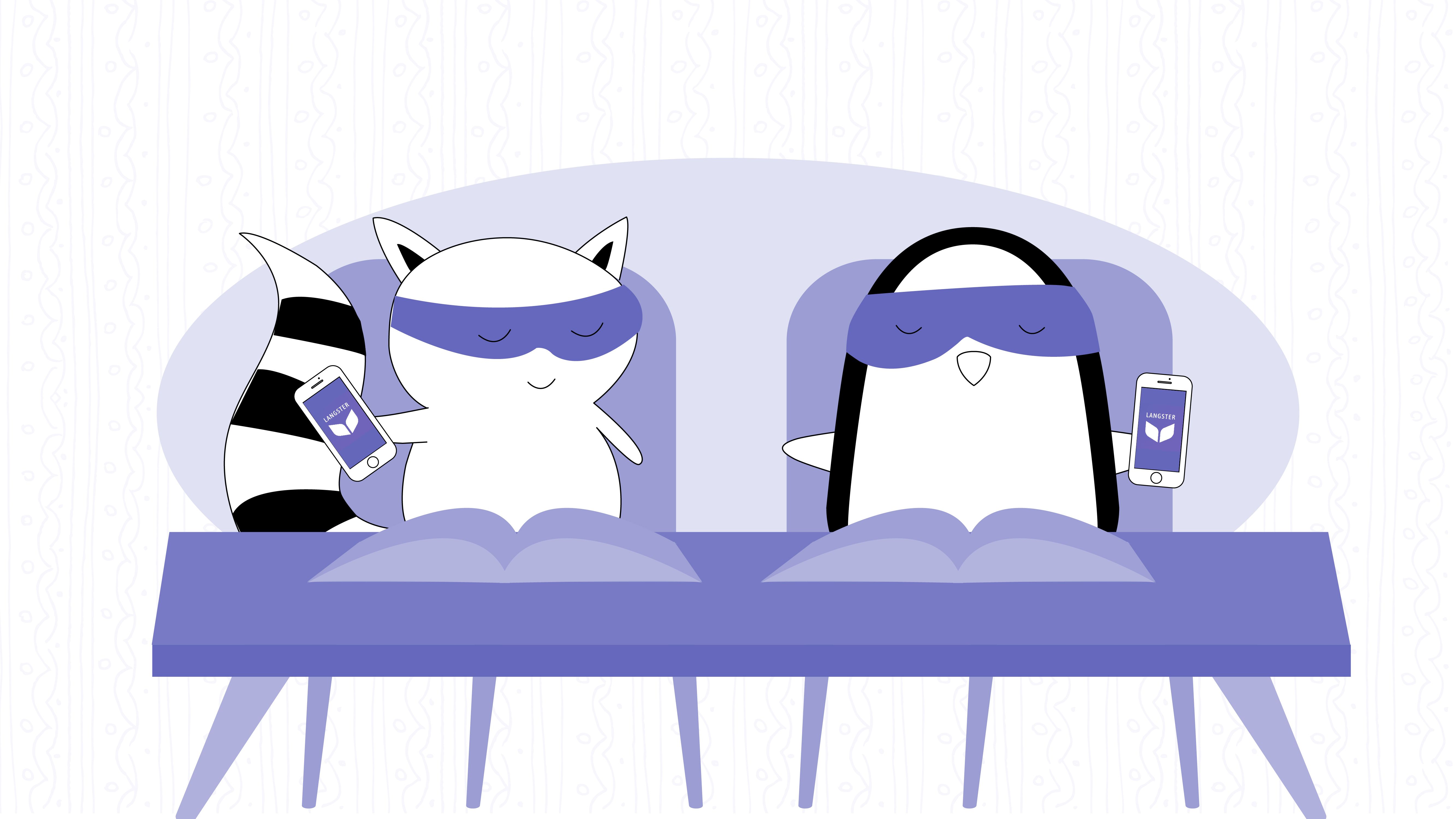 Benji and Pocky are studying Spanish using books and the Langster app.