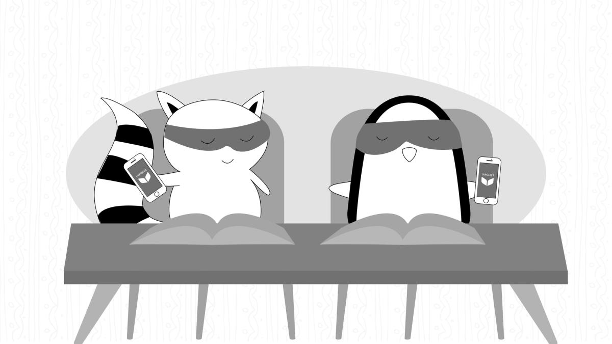 Benji and Pocky are studying Spanish using books and the Langster app.
