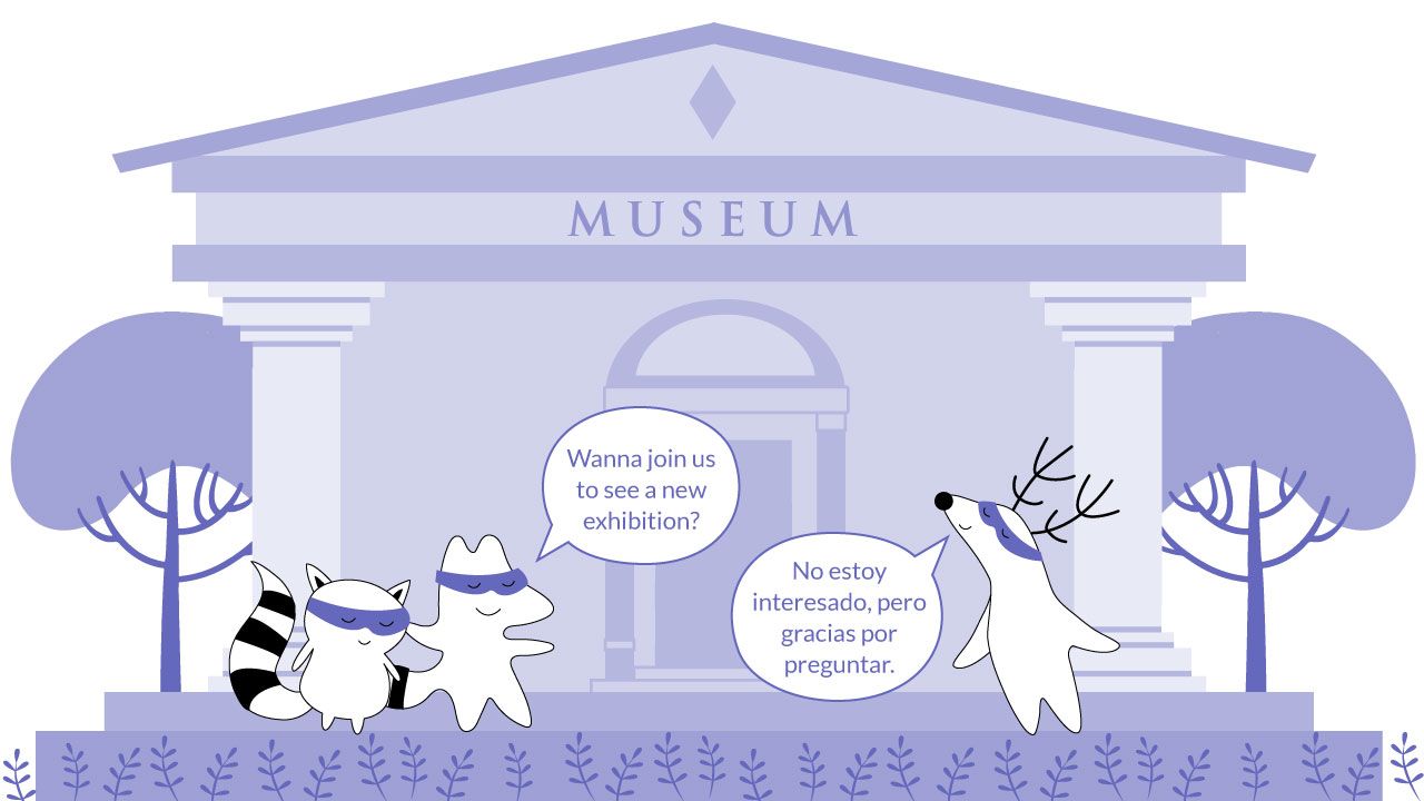 Characters talking in front of the museum; one of the doesn't want to go