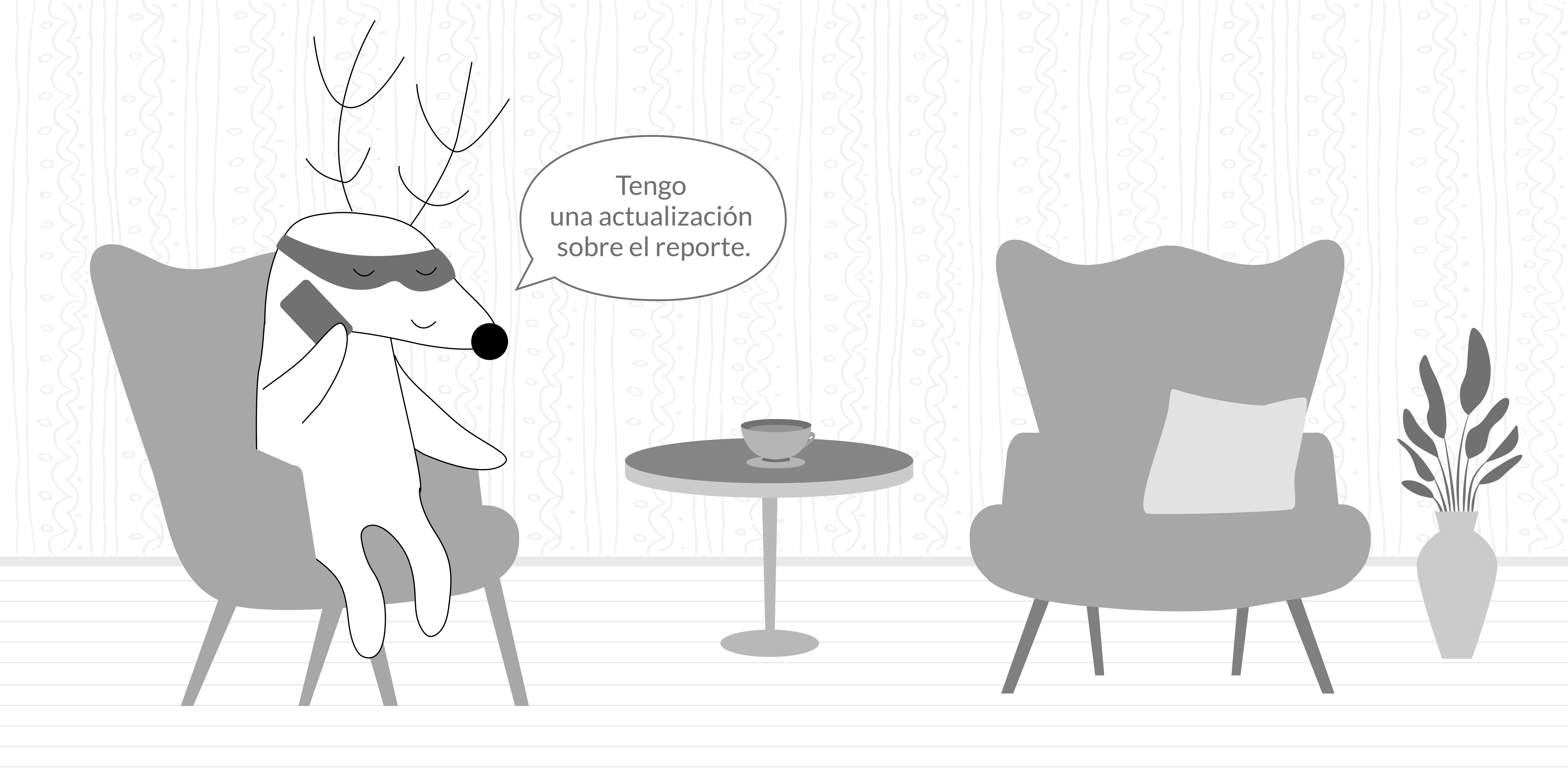 Soren speaking on the phone, saying “Tengo una actualización sobre el reporte.”